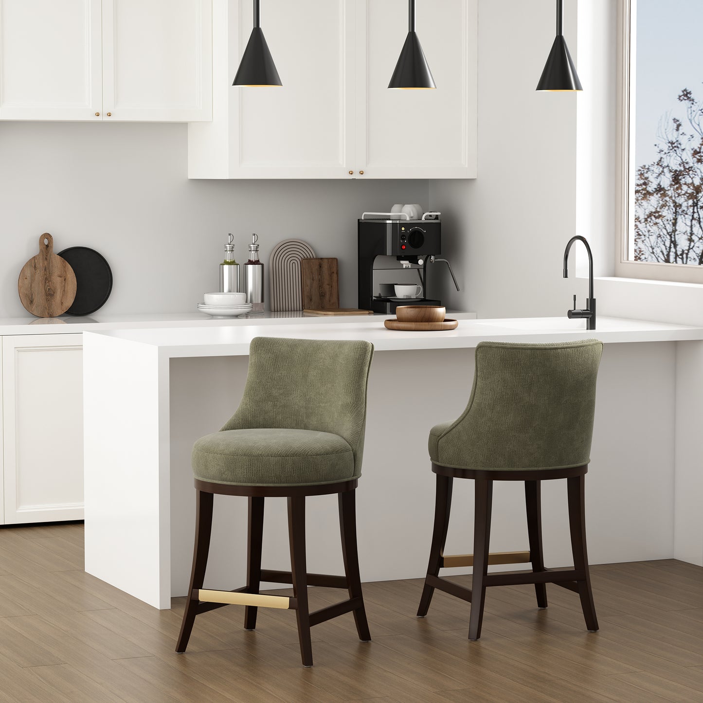 Lucia Modern Wood Chenille Counter Stool in Leaf Green - Set of 2 2-CS022-GR