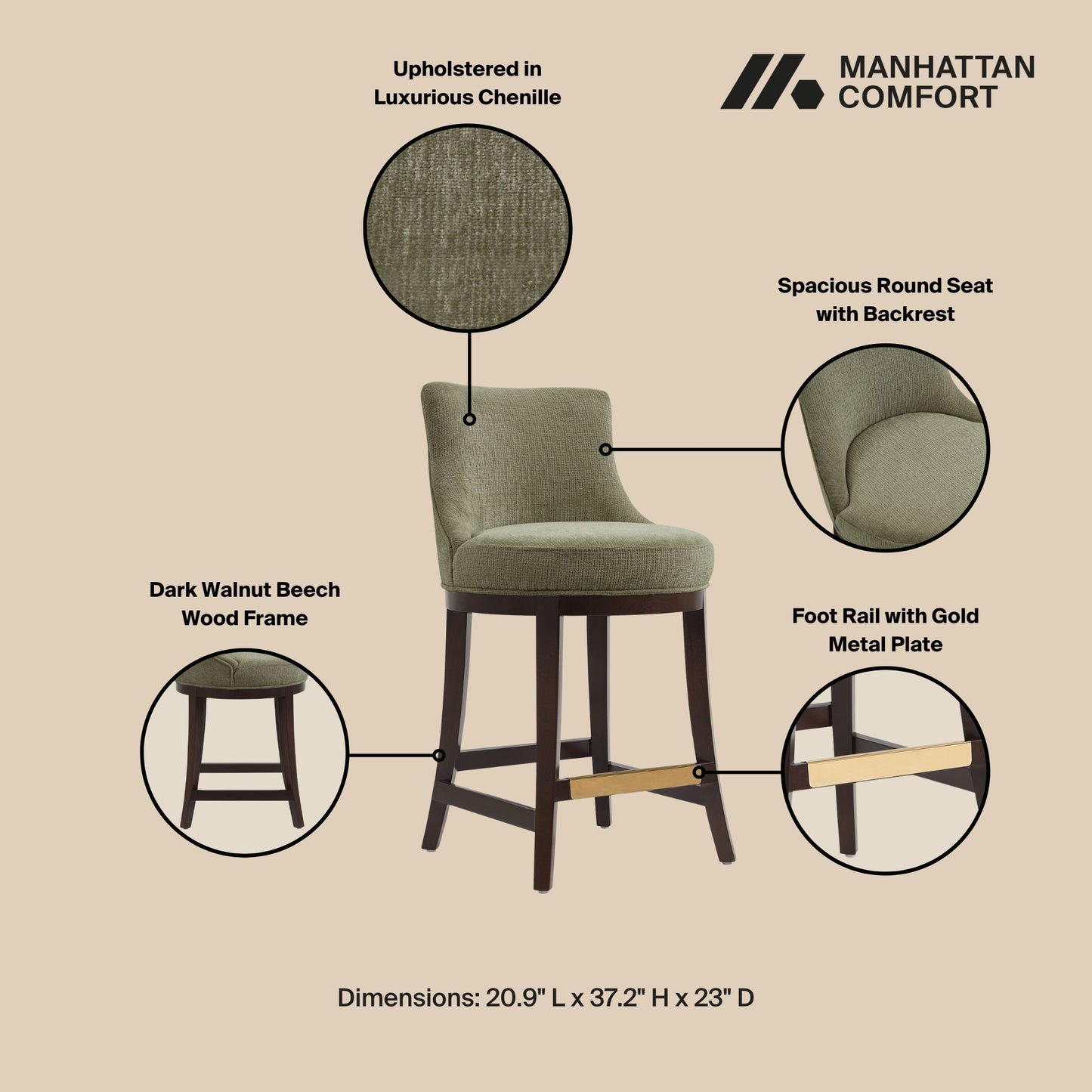 Lucia Modern Wood Chenille Counter Stool in Leaf Green - Set of 2 2-CS022-GR