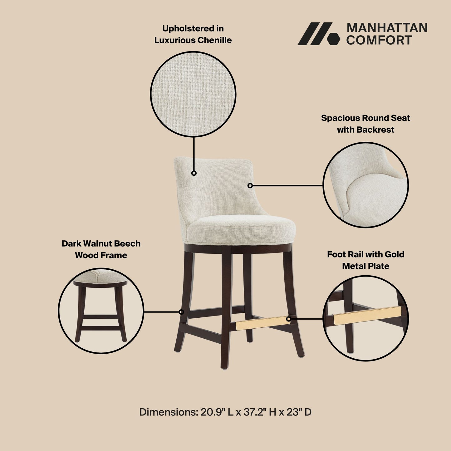 Lucia Modern Wood Chenille Counter Stool in Natural - Set of 2 2-CS022-NA