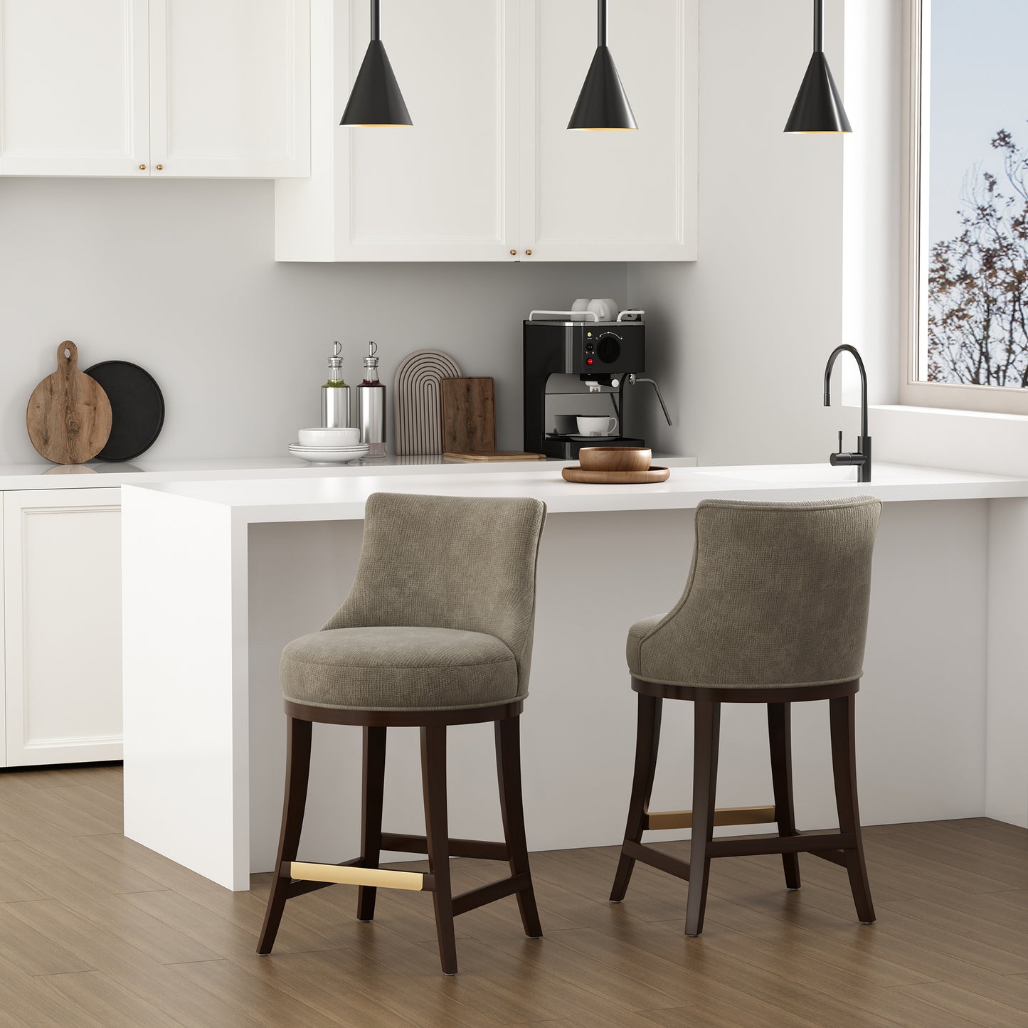 Lucia Modern Wood Chenille Counter Stool in Taupe - Set of 2 2-CS022-TP
