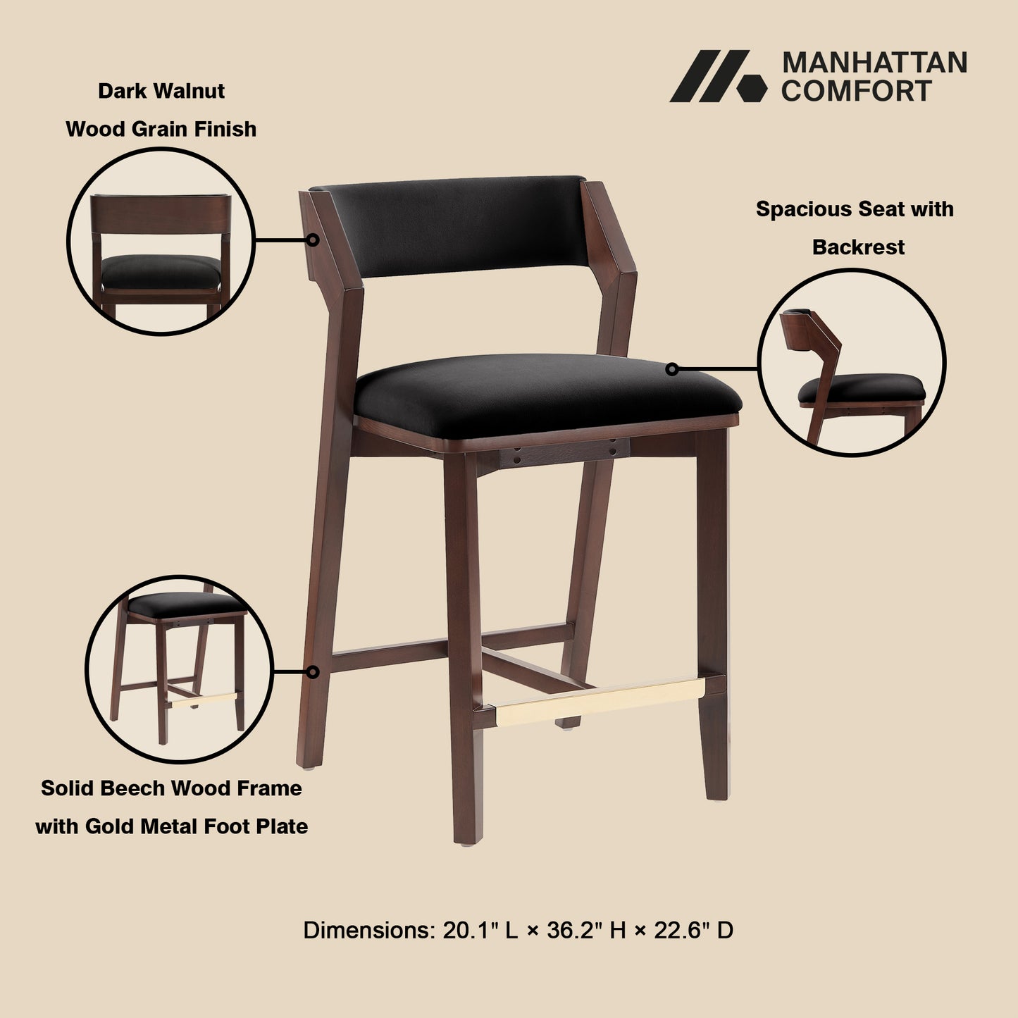 Patricia Modern Wood Upholstered Counter Stool in Black - Set of 2 2-CS023-BK