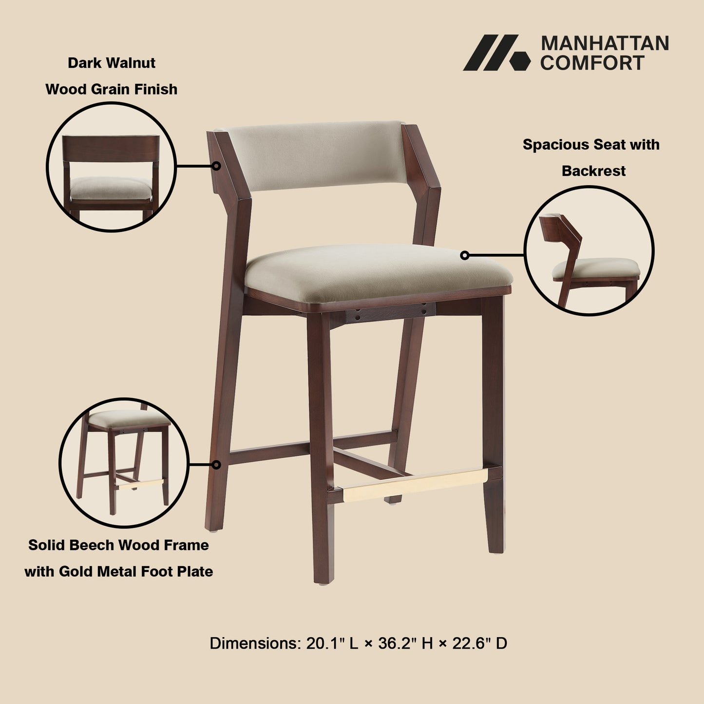 Patricia Modern Wood Upholstered Counter Stool in Linen - Set of 2 2-CS023-LN