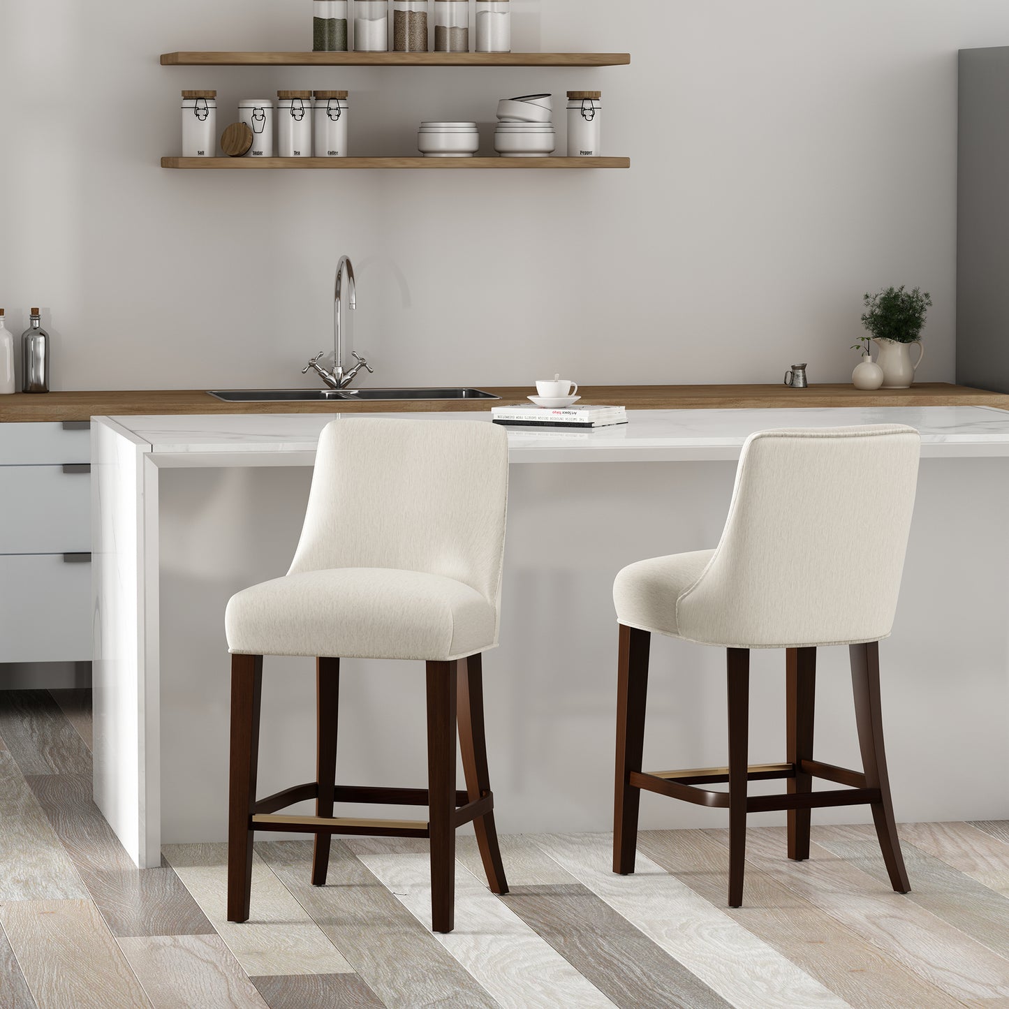 Beever Modern Wood Chenille Counter Stool in Cream - Set of 2 2-CS024-CR