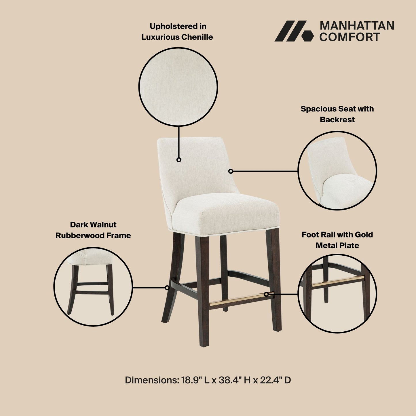 Beever Modern Wood Chenille Counter Stool in Cream - Set of 2 2-CS024-CR