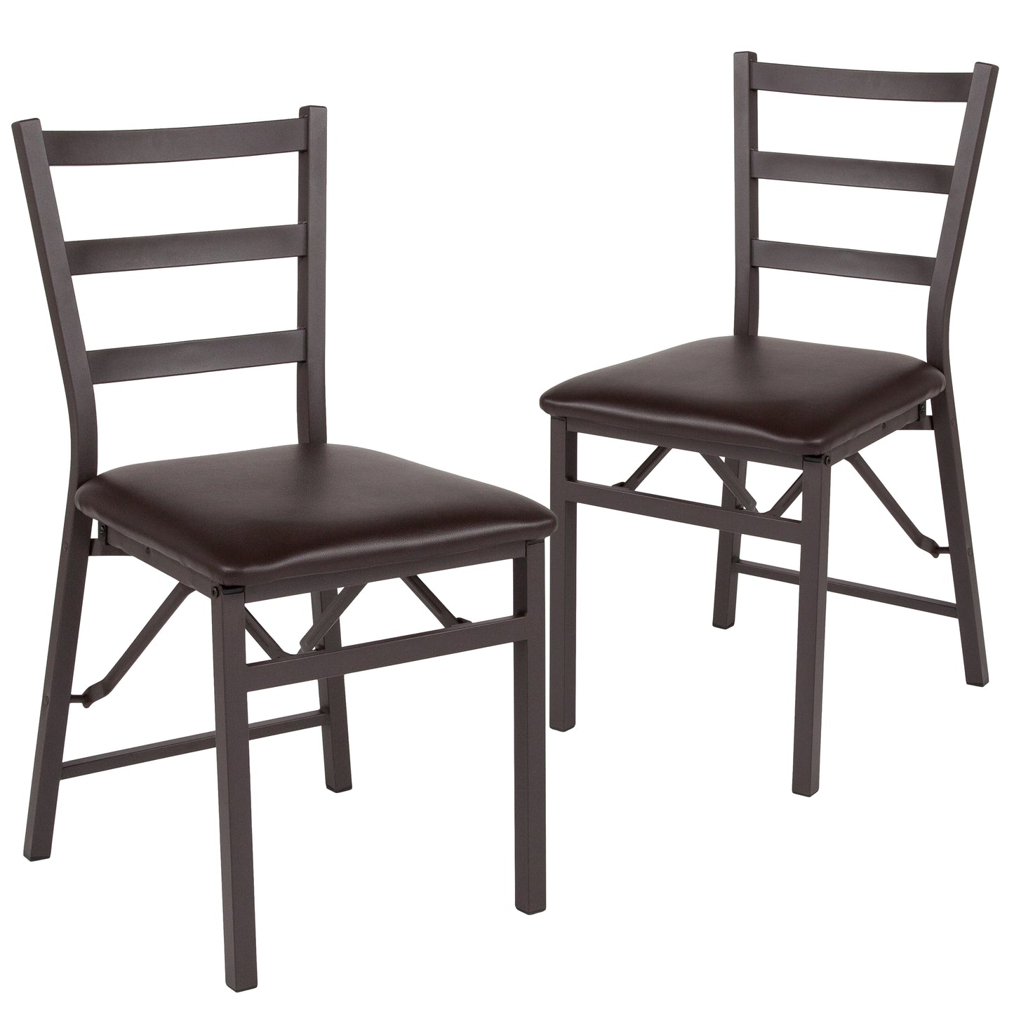 2 Pack HERCULES Series Brown Folding Ladder Back Metal Chair with Brown Vinyl Seat Brown 2-CY-180841-GG