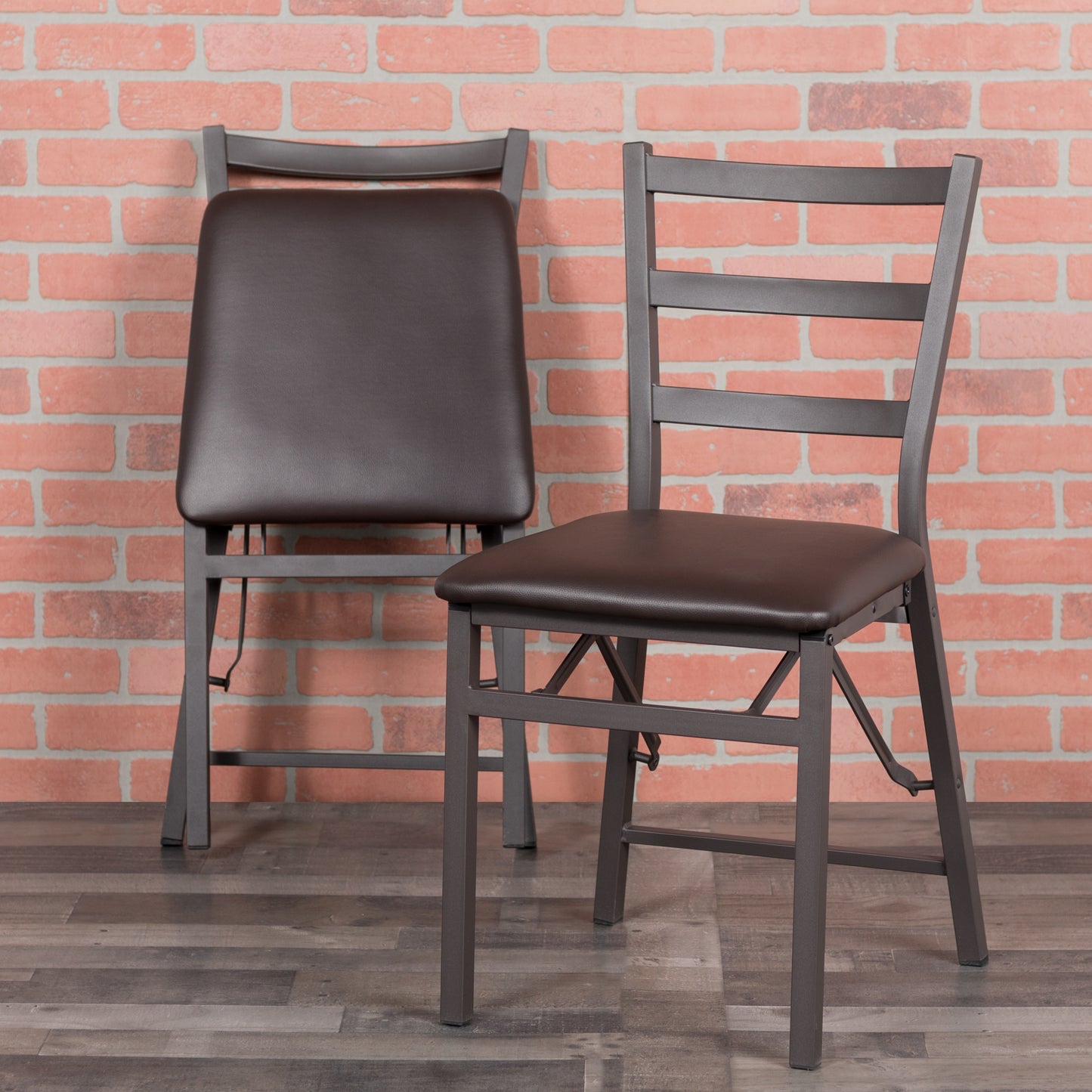 2 Pack HERCULES Series Brown Folding Ladder Back Metal Chair with Brown Vinyl Seat Brown 2-CY-180841-GG