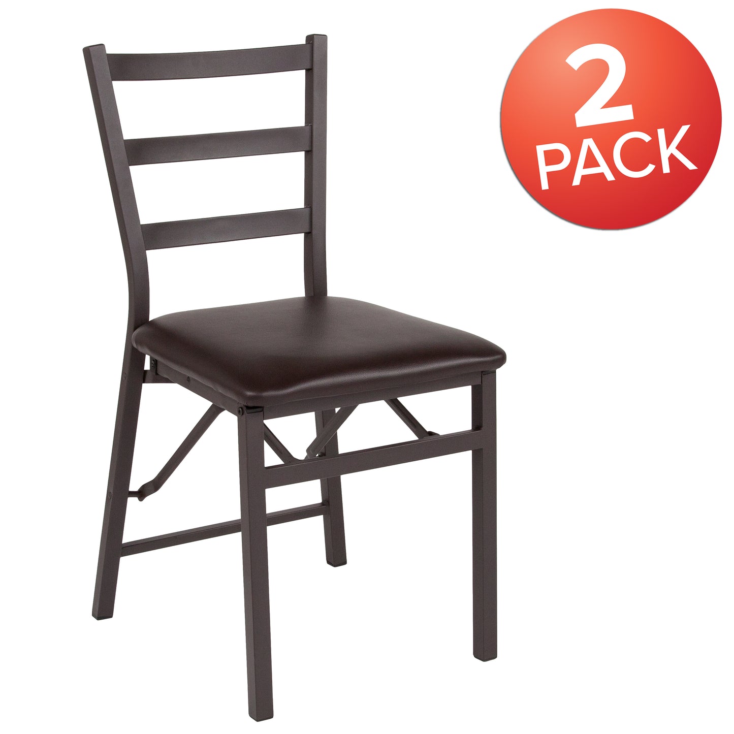 2 Pack HERCULES Series Brown Folding Ladder Back Metal Chair with Brown Vinyl Seat Brown 2-CY-180841-GG