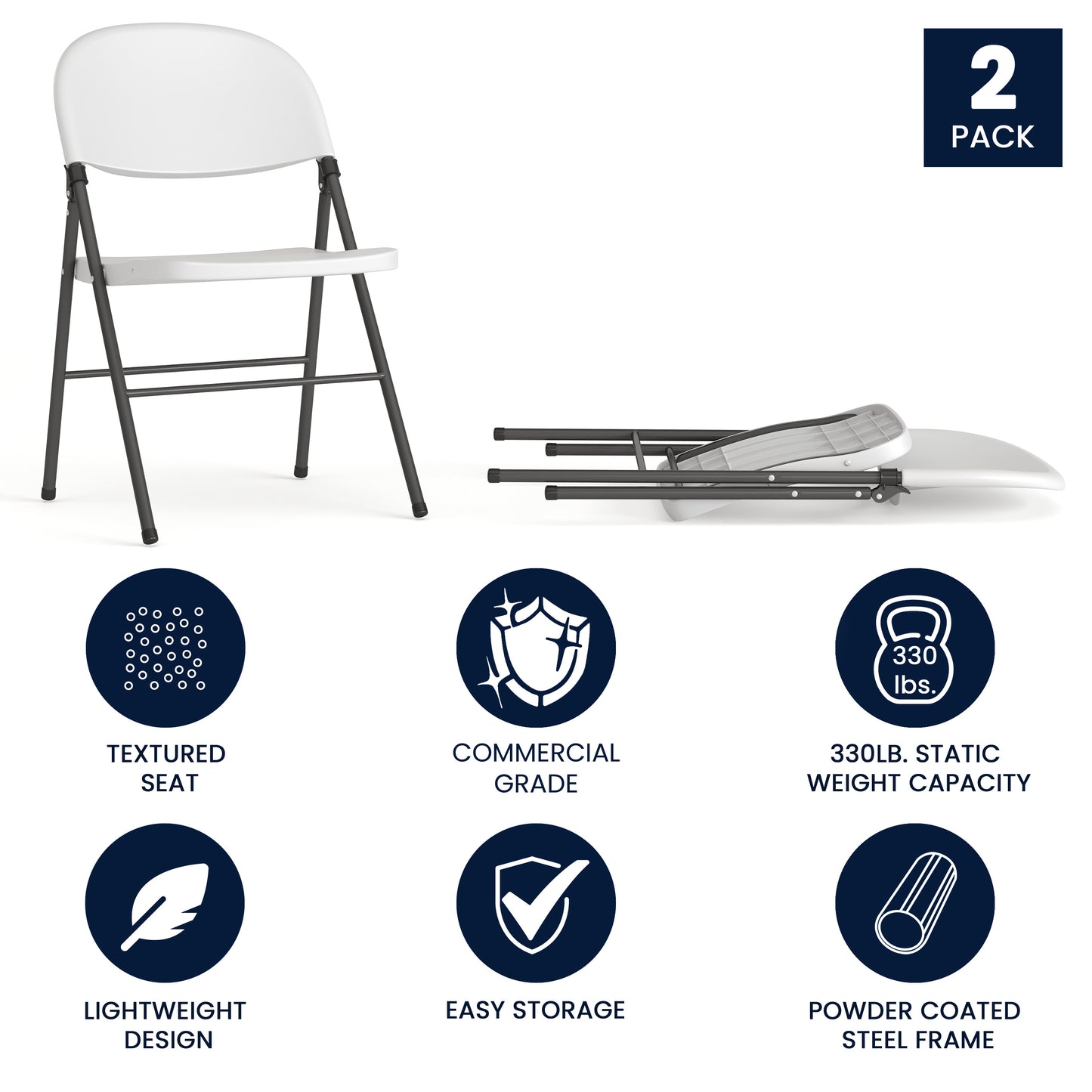 2 Pack HERCULES Series 330 lb. Capacity Granite White Plastic Folding Chair with Charcoal Frame Granite White 2-DAD-YCD-50-WH-GG