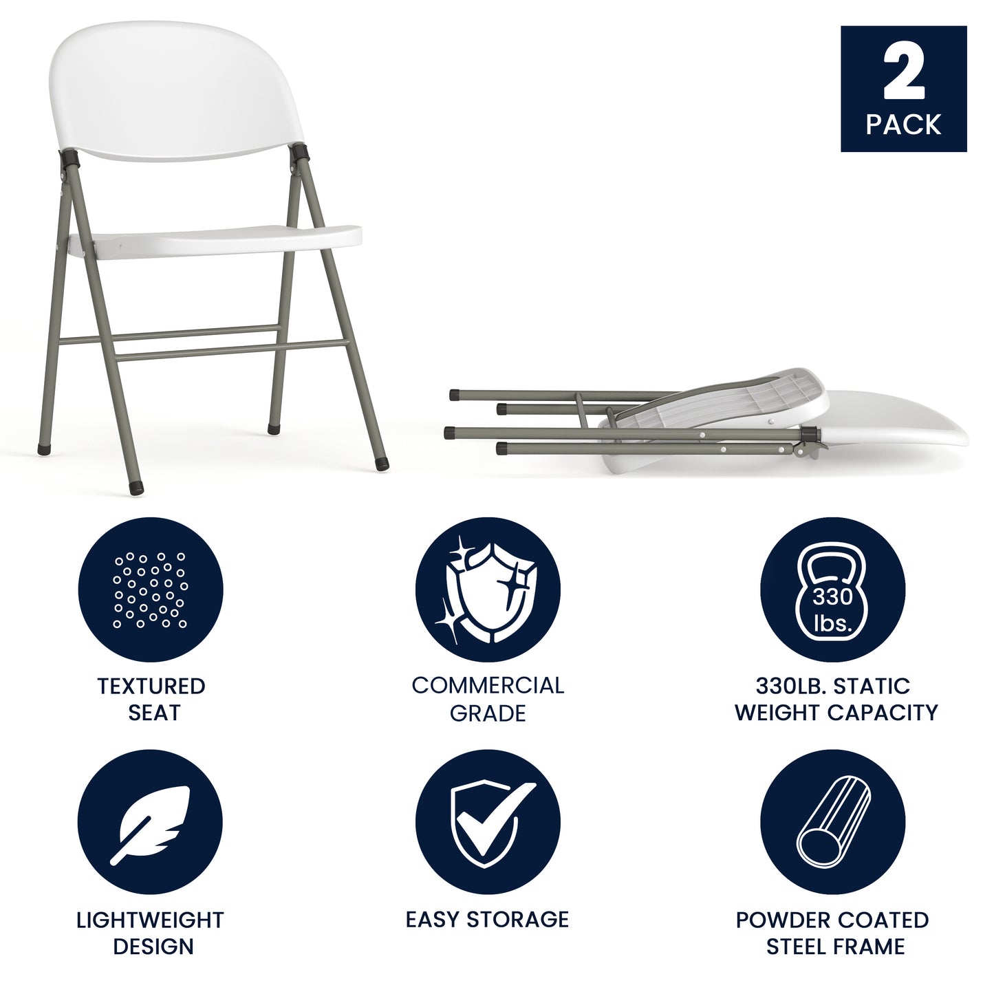 HERCULES Series White Plastic Folding Chairs | Set of 2 Lightweight Folding Chairs with Gray Frame White