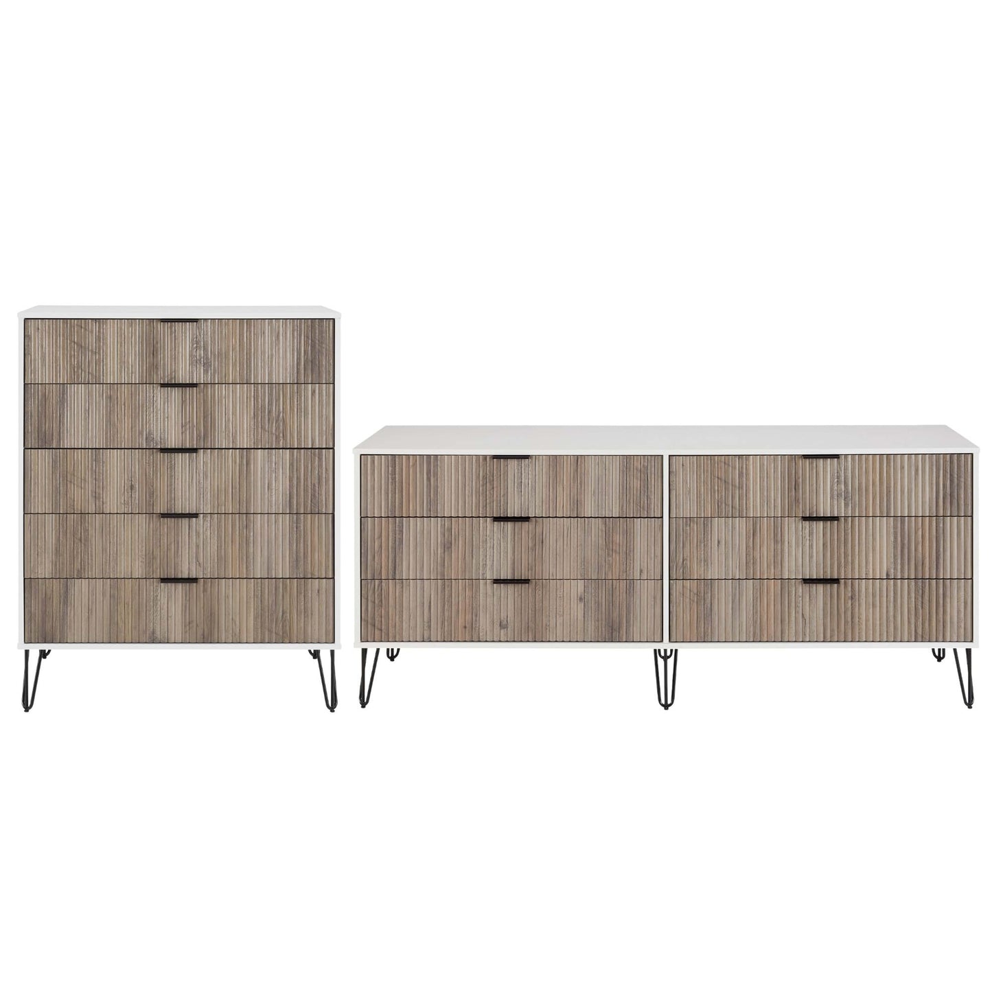 Manhattan Comfort2-Piece DUMBO Modern 5-Drawer Tall Dresser and DUMBO Modern 6-Drawer Double Low Dresser in White and Grey 2-DB03-WG