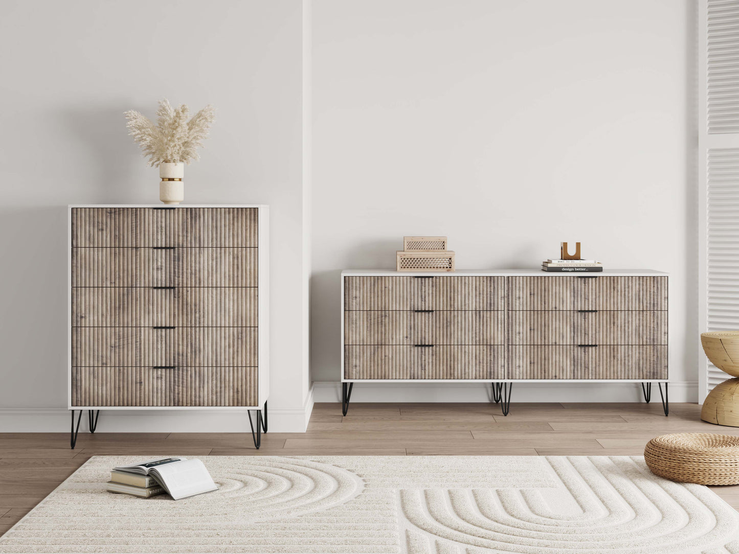 Manhattan Comfort2-Piece DUMBO Modern 5-Drawer Tall Dresser and DUMBO Modern 6-Drawer Double Low Dresser in White and Grey 2-DB03-WG