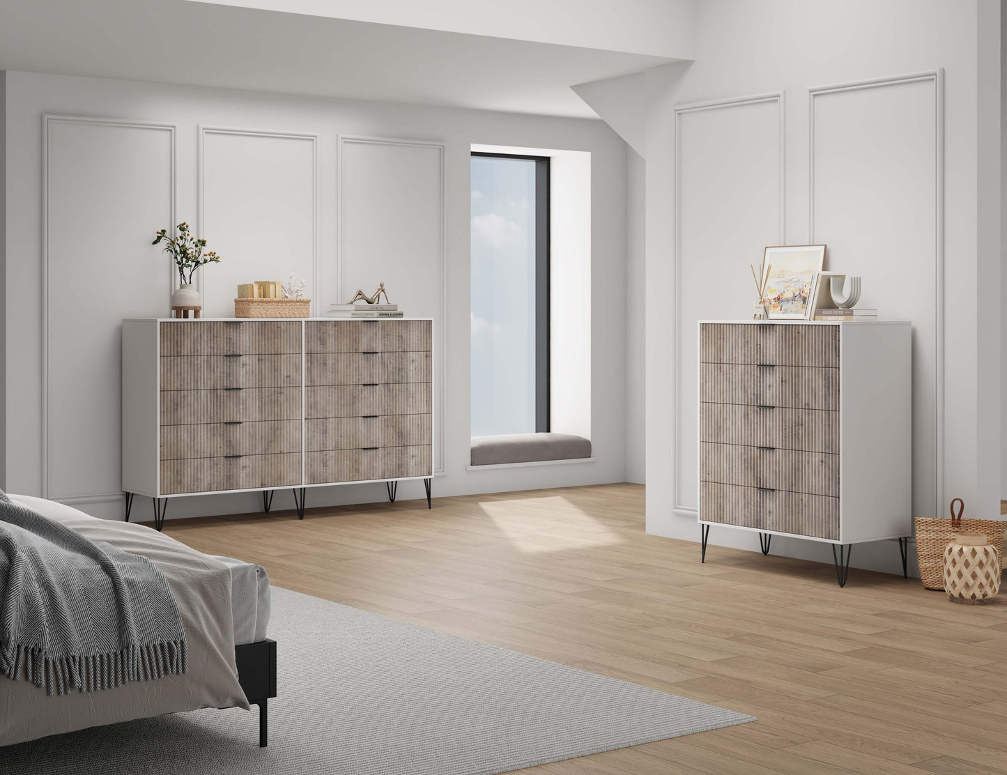 Manhattan Comfort2-Piece DUMBO Modern 5-Drawer Tall Dresser and DUMBO Modern 10-Drawer Double Tall Dresser in White and Grey 2-DB04-WG