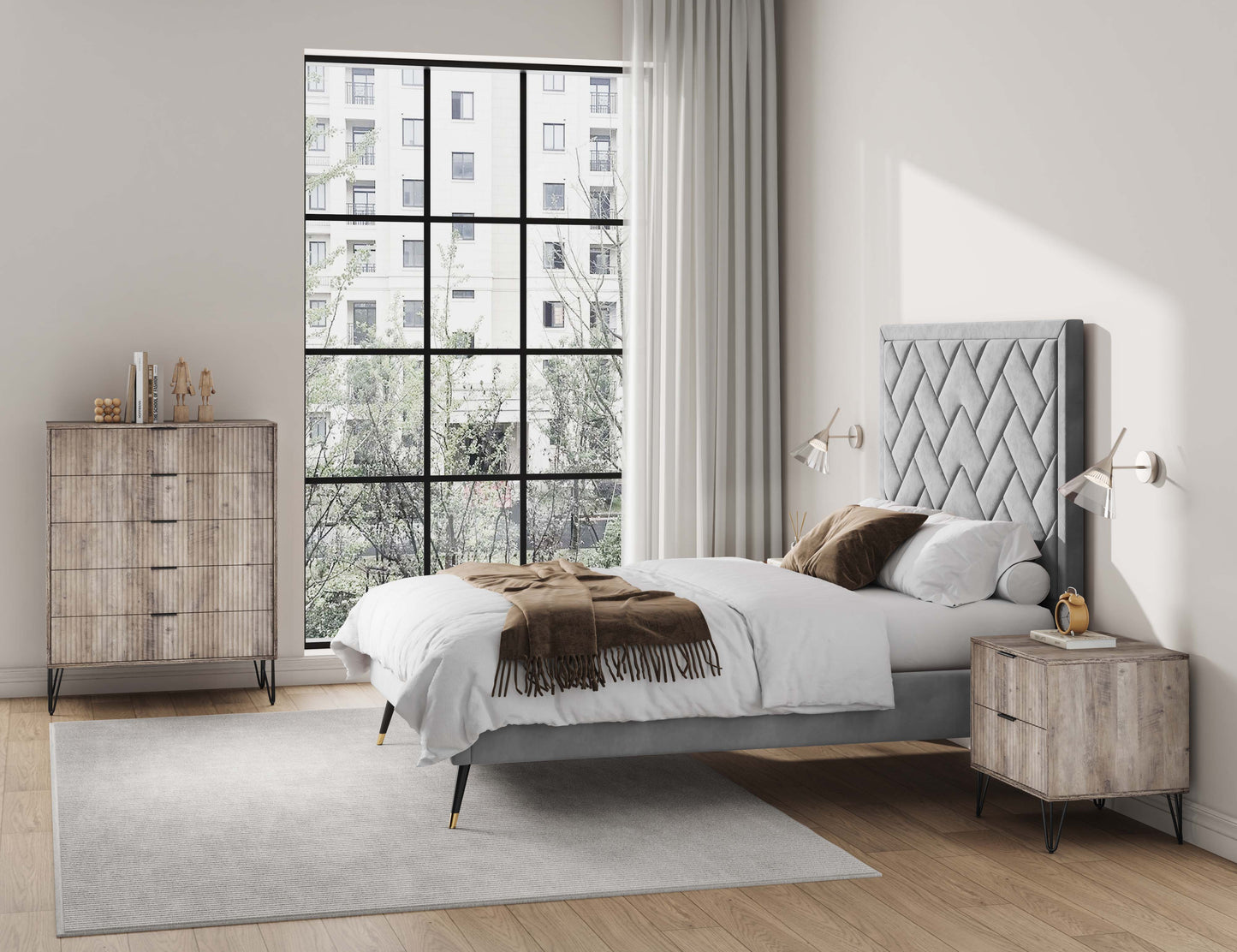 Manhattan Comfort2-Piece DUMBO Modern 5-Drawer Tall Dresser and DUMBO Modern Nightstand 2.0 in Rustic Grey 2-DB06-GY