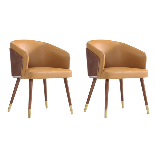Manhattan Comfort Modern Raya Dining Chair Upholstered in Leatherette with Beech Wood Back and Solid Wood Legs in Walnut and Camal- Set of 2 2-DC082-CL