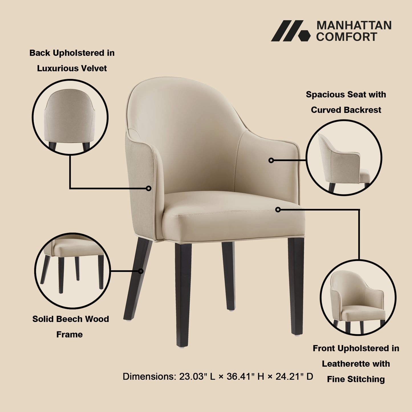 Hillman Modern Wood Vegan Leather and Velvet Armchair in Sand - Set of 2 2-DC087AR2-SD