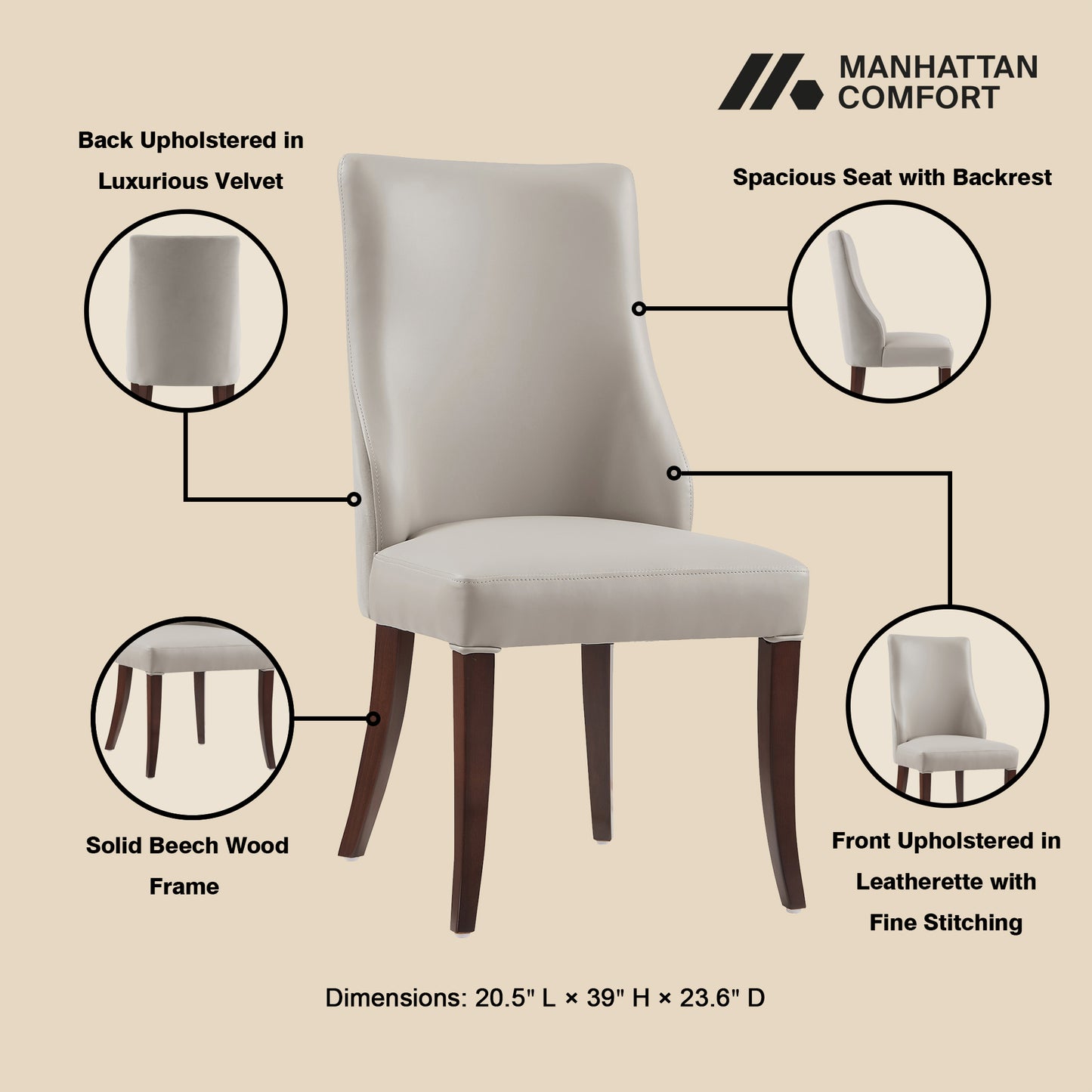 Connie Modern Wood Vegan Leather and Velvet Dining Chair in Light Gray - Set of 4 2-DC095-LG