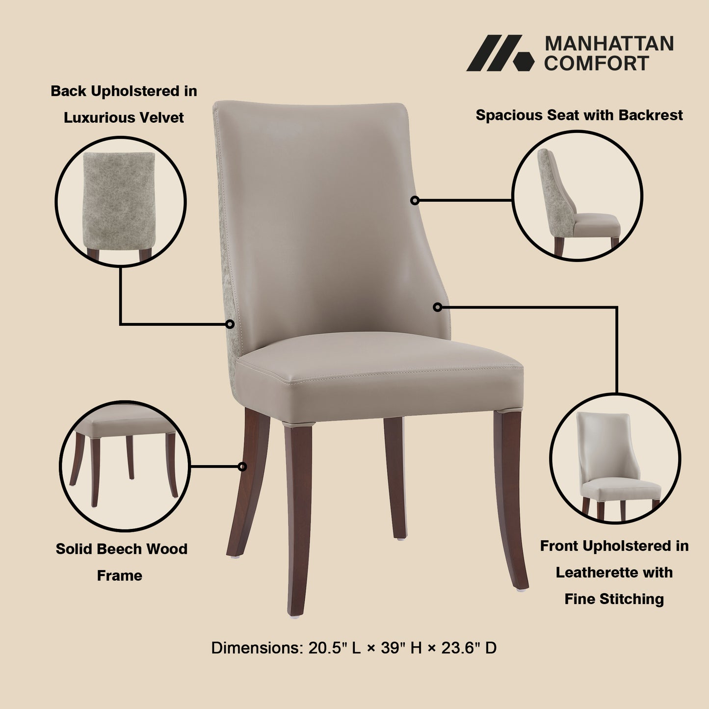 Connie Modern Wood Vegan Leather and Velvet Dining Chair in Taupe - Set of 4 2-DC095-TP