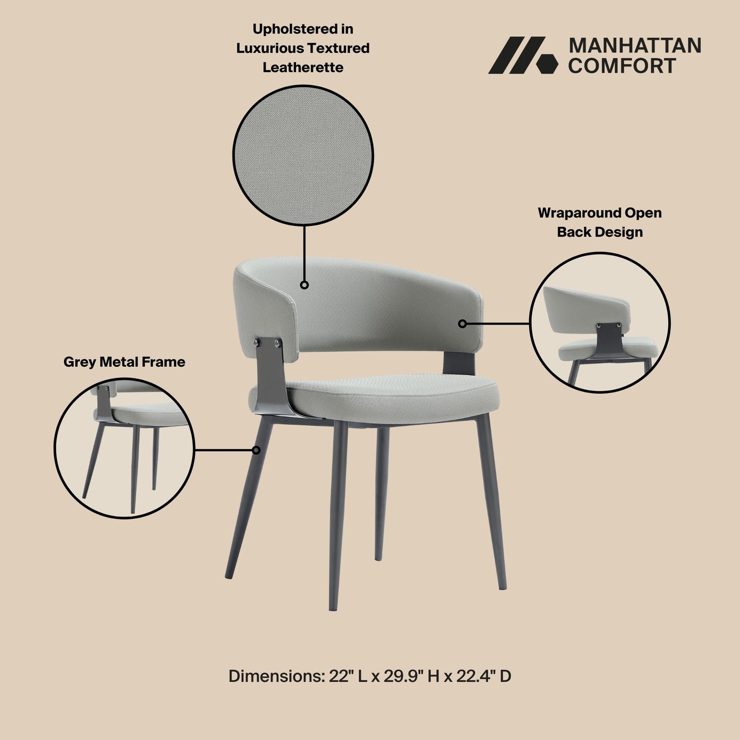 Luce Modern Metal Textured Vegan Leather Dining Chair in Stone Gray - Set of 2 2-DC097-GY