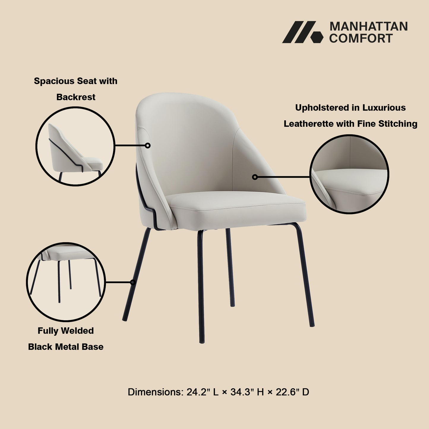 Gracie Modern Metal Vegan Leather Dining Chair in Stone Gray and Black - Set of 2 2-DC100-BST