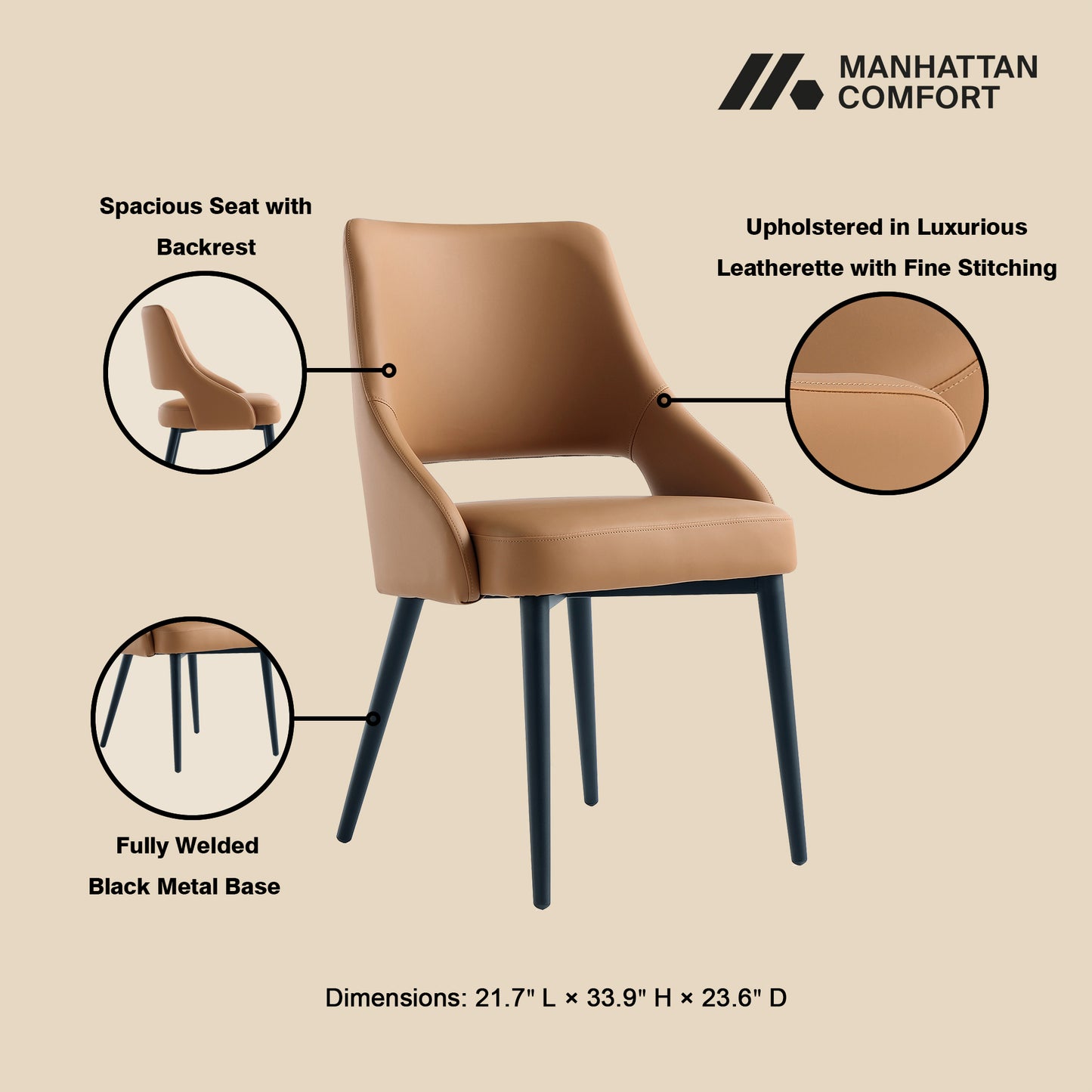Tremont Modern Metal Vegan Leather Dining Chair in Saddle - Set of 2 2-DC104-SD