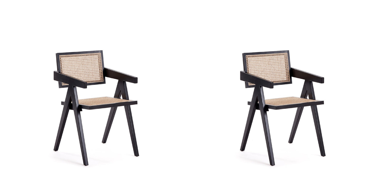 Manhattan Comfort Hamlet Dining Arm Chair in Black and Natural Cane - Set of 2 2-DCCA09-BK
