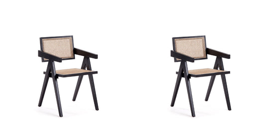 Manhattan Comfort Hamlet Dining Arm Chair in Black and Natural Cane - Set of 2 2-DCCA09-BK