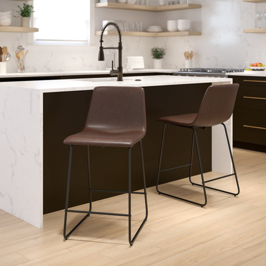 Reagan 24 Inch Commercial Grade LeatherSoft Counter Height Barstools in Dark Brown, Set of 2 Dark Brown