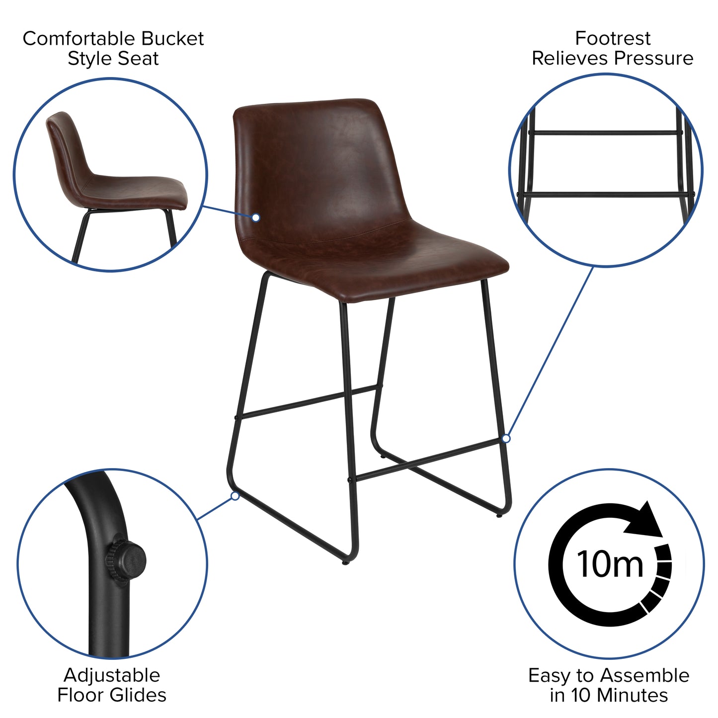 Reagan 24 Inch Commercial Grade LeatherSoft Counter Height Barstools in Dark Brown, Set of 2 Dark Brown
