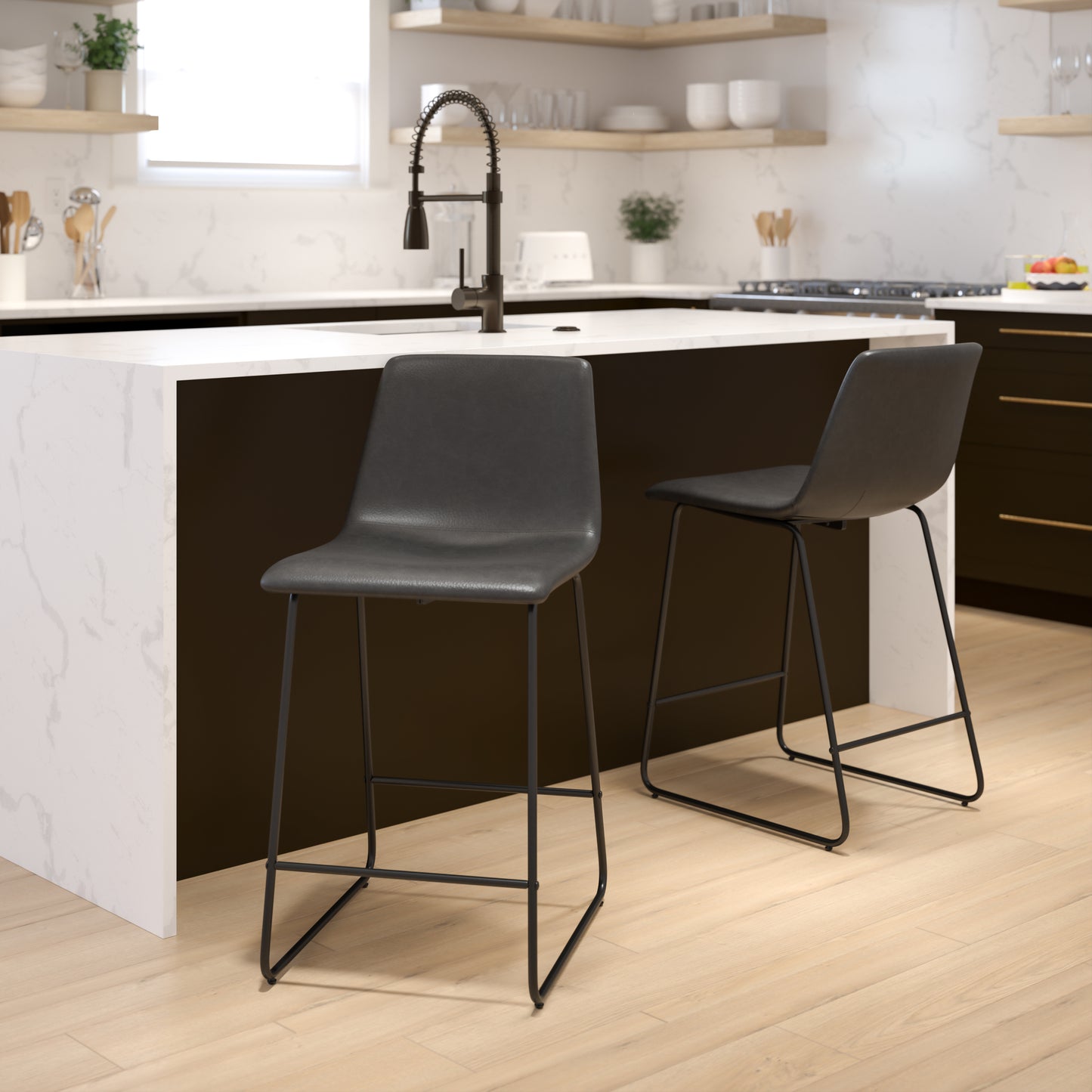 Reagan 24 Inch Commercial Grade LeatherSoft Counter Height Barstools in Dark Gray, Set of 2 Gray