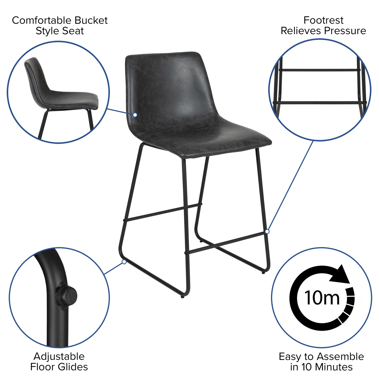 Reagan 24 Inch Commercial Grade LeatherSoft Counter Height Barstools in Dark Gray, Set of 2 Gray