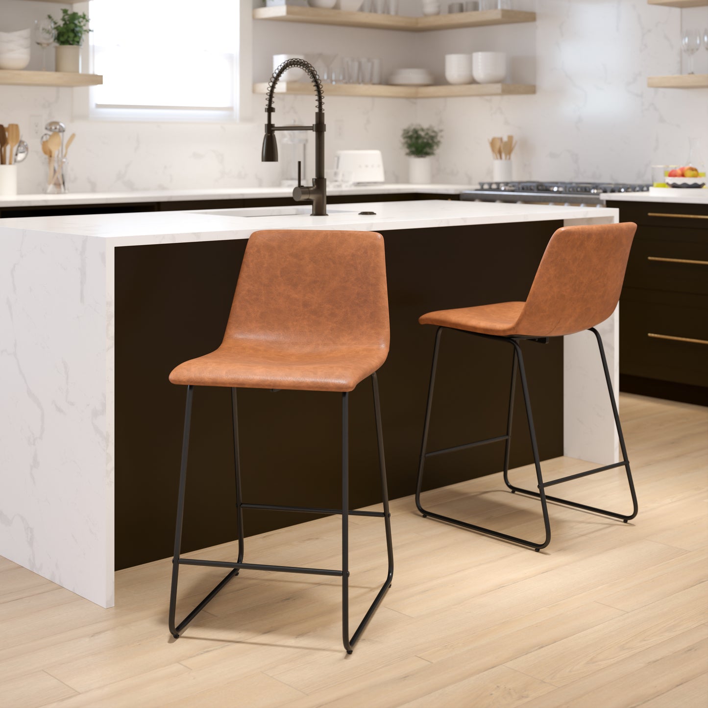 Reagan 24 Inch Commercial Grade LeatherSoft Counter Height Barstools in Light Brown, Set of 2 Light Brown
