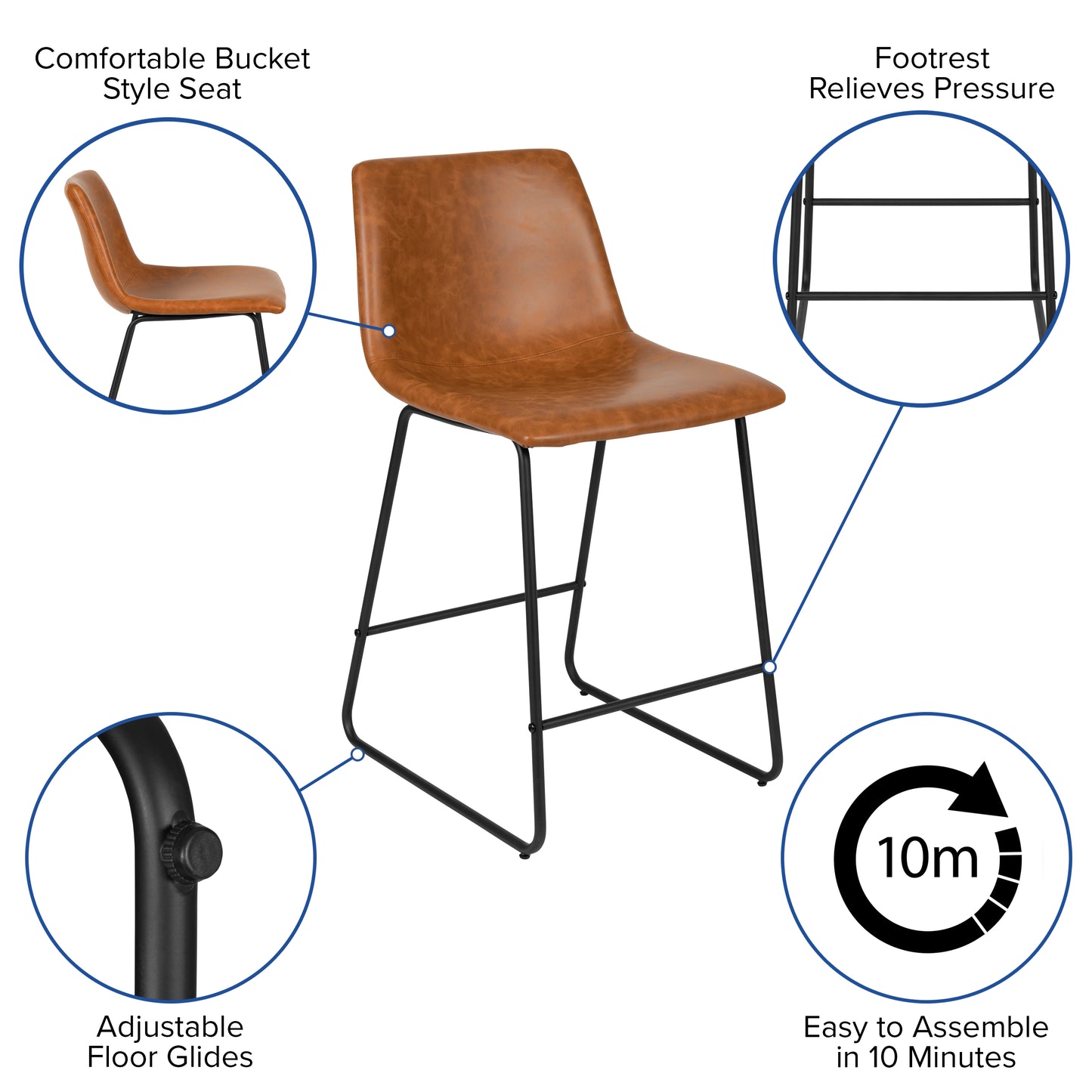 Reagan 24 Inch Commercial Grade LeatherSoft Counter Height Barstools in Light Brown, Set of 2 Light Brown