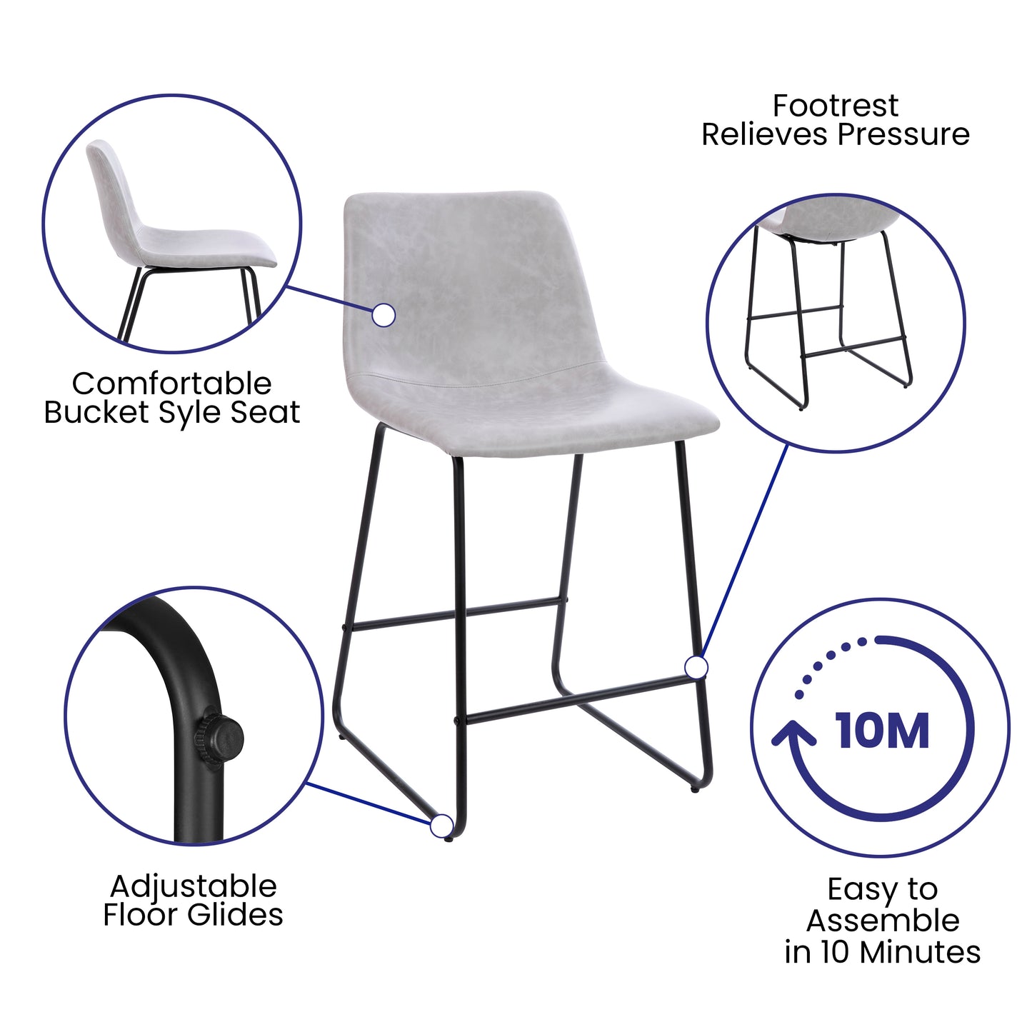 Reagan 24 inch LeatherSoft Counter Height Barstools in Light Gray, Set of 2 Light Gray