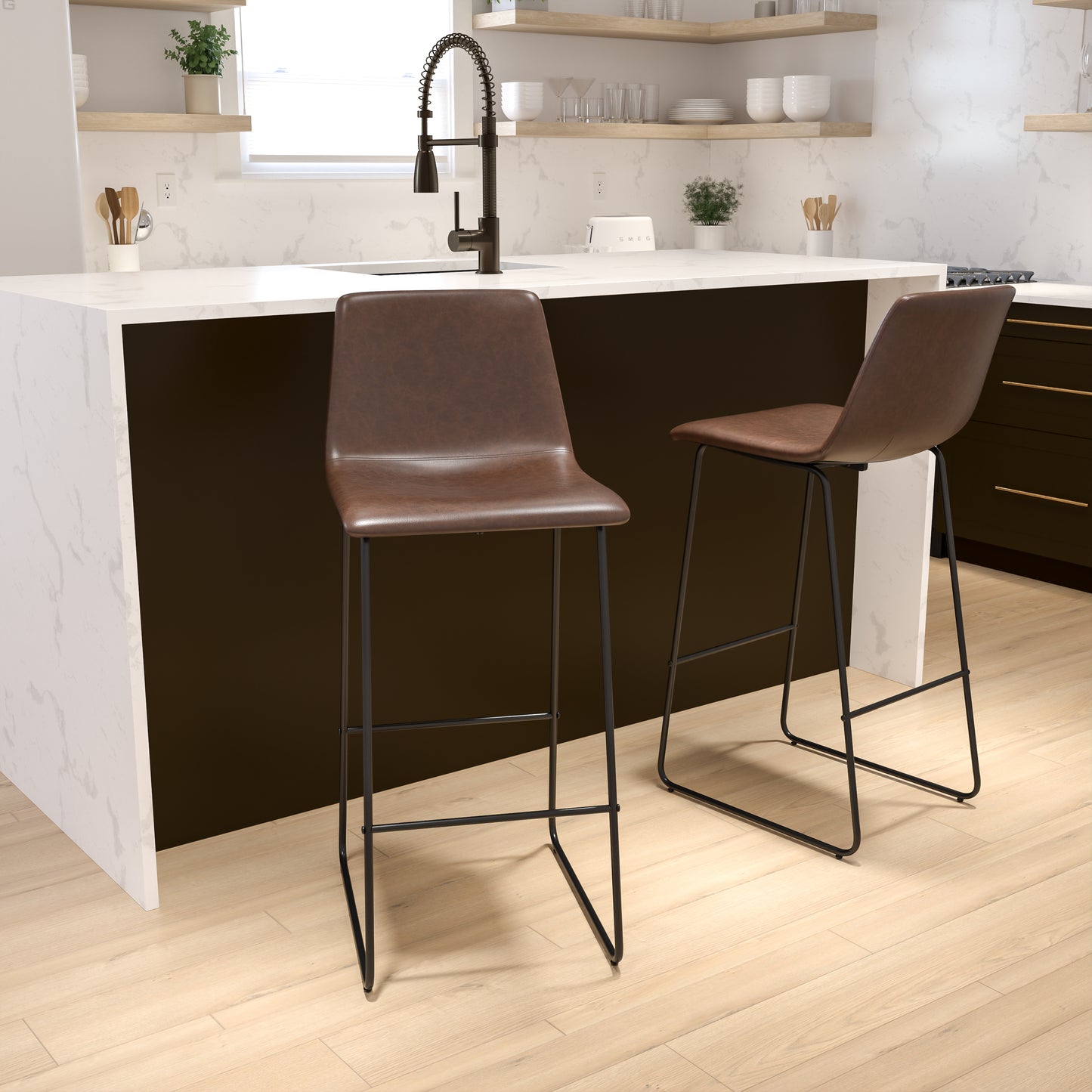 Reagan 30 Inch Commercial Grade LeatherSoft Bar Height Barstools in Dark Brown, Set of 2 Dark Brown 2-ET-ER18345-30-DB-GG