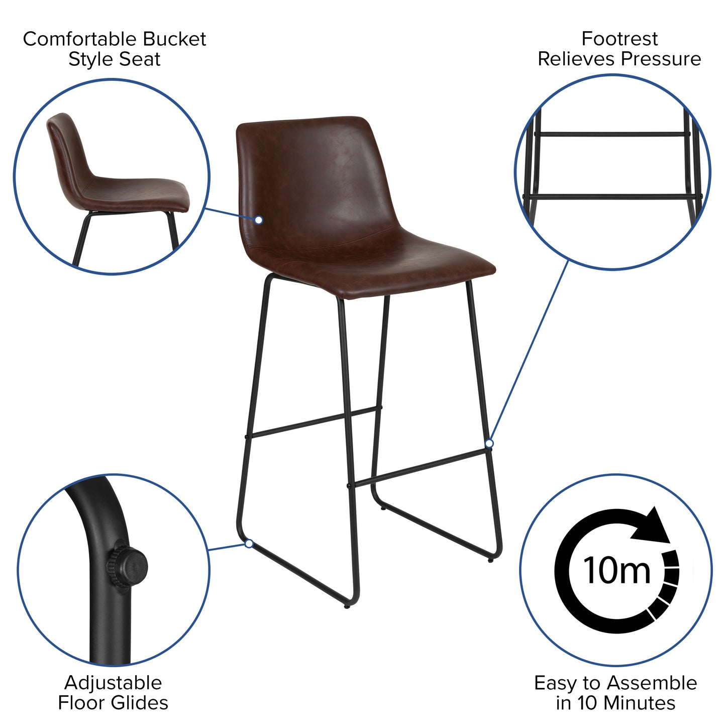 Reagan 30 Inch Commercial Grade LeatherSoft Bar Height Barstools in Dark Brown, Set of 2 Dark Brown 2-ET-ER18345-30-DB-GG
