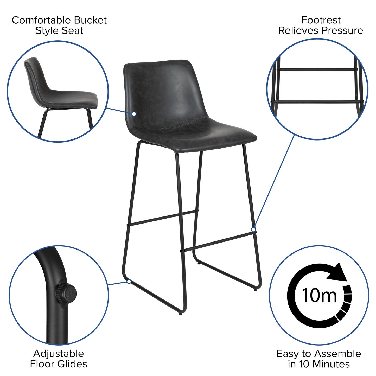 Reagan 30 Inch Commercial Grade LeatherSoft Bar Height Barstools in Dark Gray, Set of 2 Gray