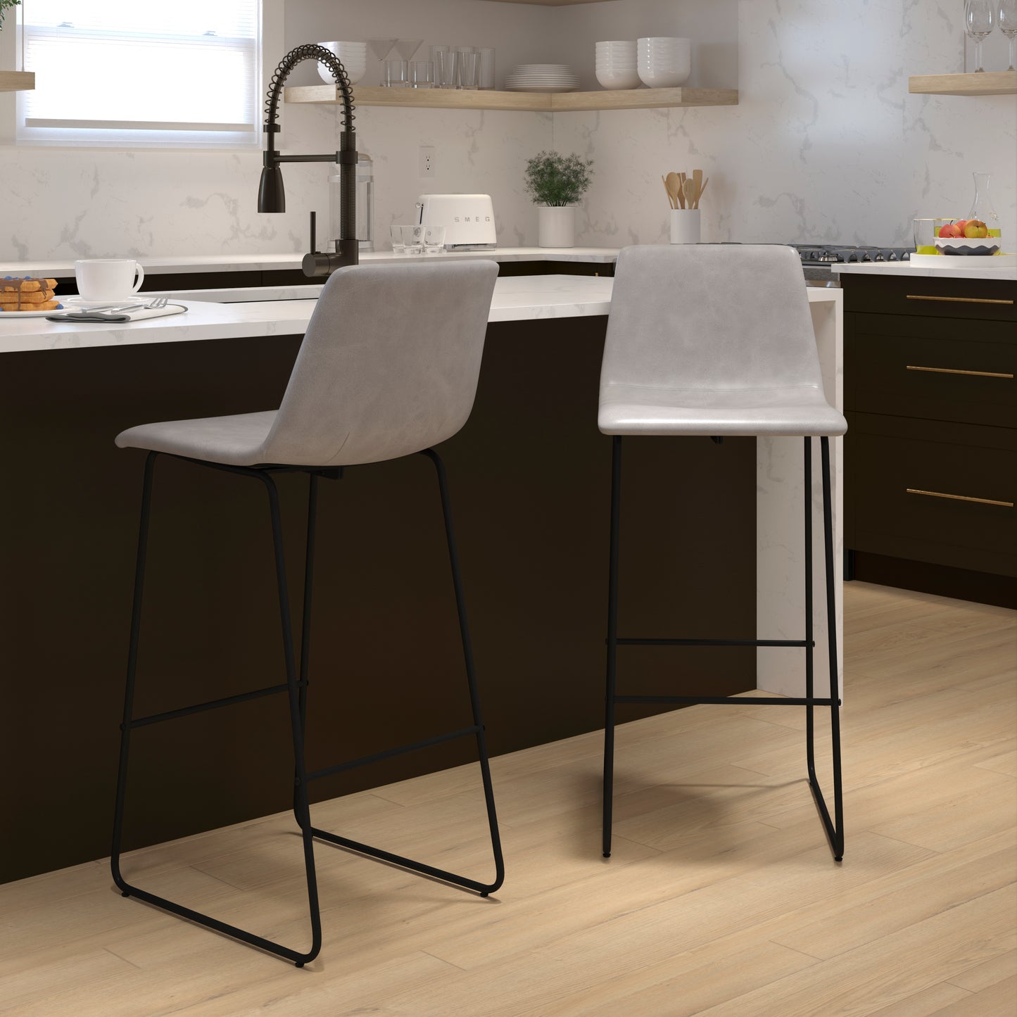 Reagan 30 inch LeatherSoft Bar Height Barstools in Light Gray, Set of 2 Light Gray