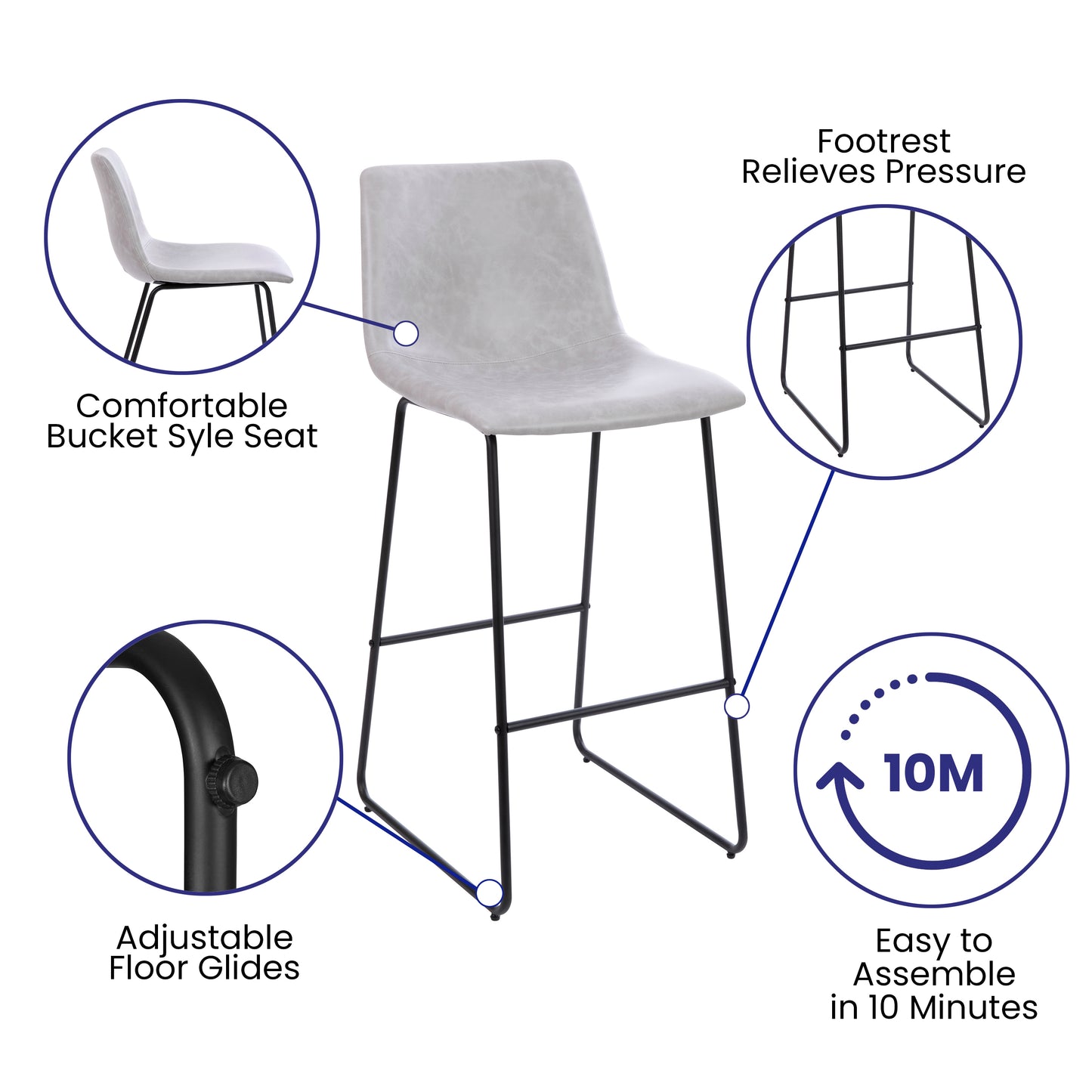 Reagan 30 inch LeatherSoft Bar Height Barstools in Light Gray, Set of 2 Light Gray
