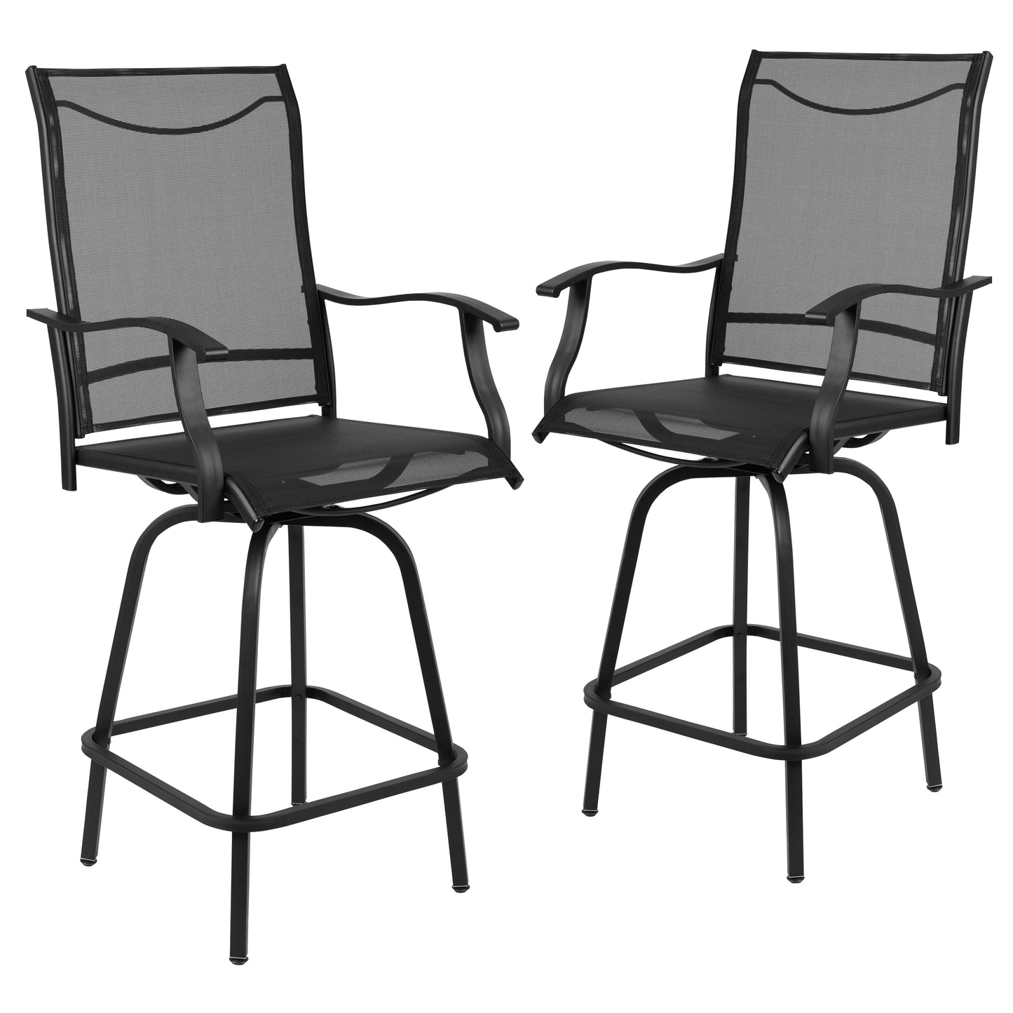 Valerie Patio Bar Height Stools Set of 2, All-Weather Textilene Swivel Patio Stools with High Back & Armrests in Black Black