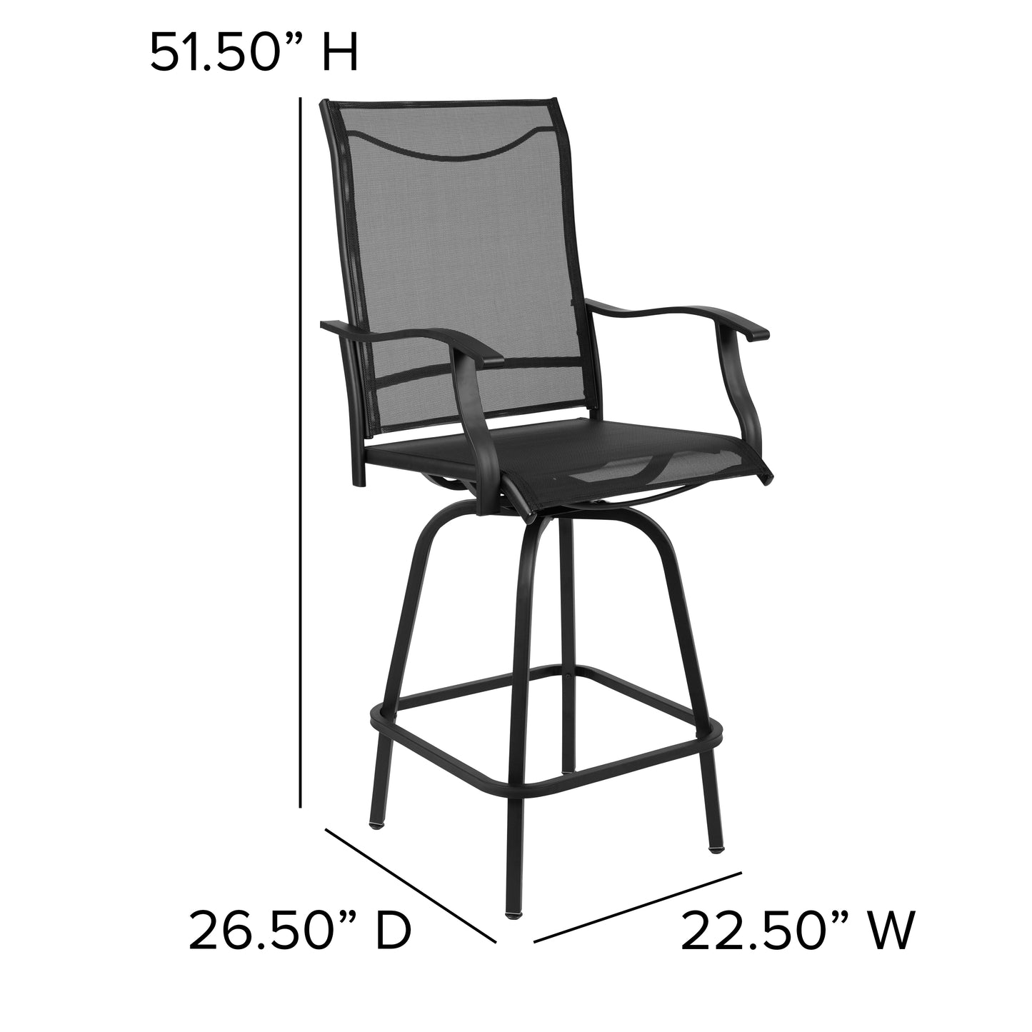 Valerie Patio Bar Height Stools Set of 2, All-Weather Textilene Swivel Patio Stools with High Back & Armrests in Black Black
