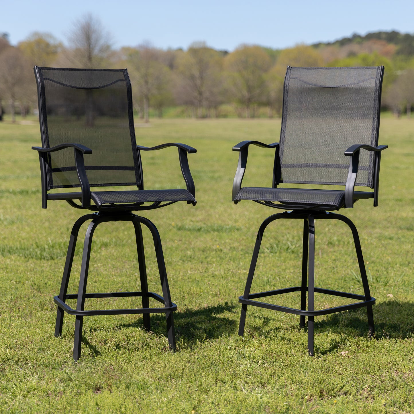 Valerie Patio Bar Height Stools Set of 2, All-Weather Textilene Swivel Patio Stools with High Back & Armrests in Black Black