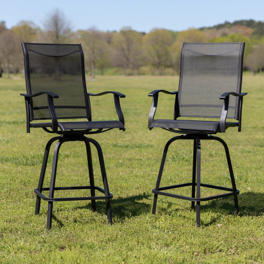 Valerie Patio Bar Height Stools Set of 2, All-Weather Textilene Swivel Patio Stools with High Back & Armrests in Black Black 2-ET-SWVLPTO-30-BK-GG