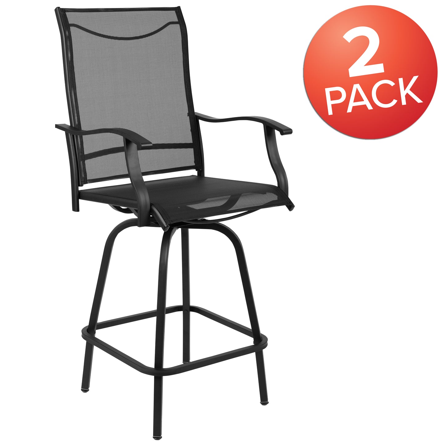 Valerie Patio Bar Height Stools Set of 2, All-Weather Textilene Swivel Patio Stools with High Back & Armrests in Black Black