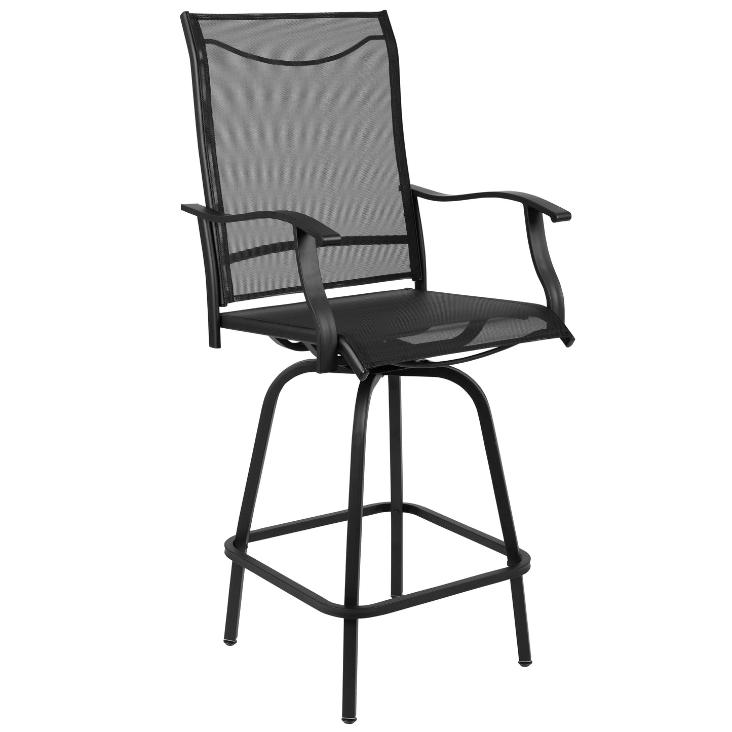 Valerie Patio Bar Height Stools Set of 2, All-Weather Textilene Swivel Patio Stools with High Back & Armrests in Black Black