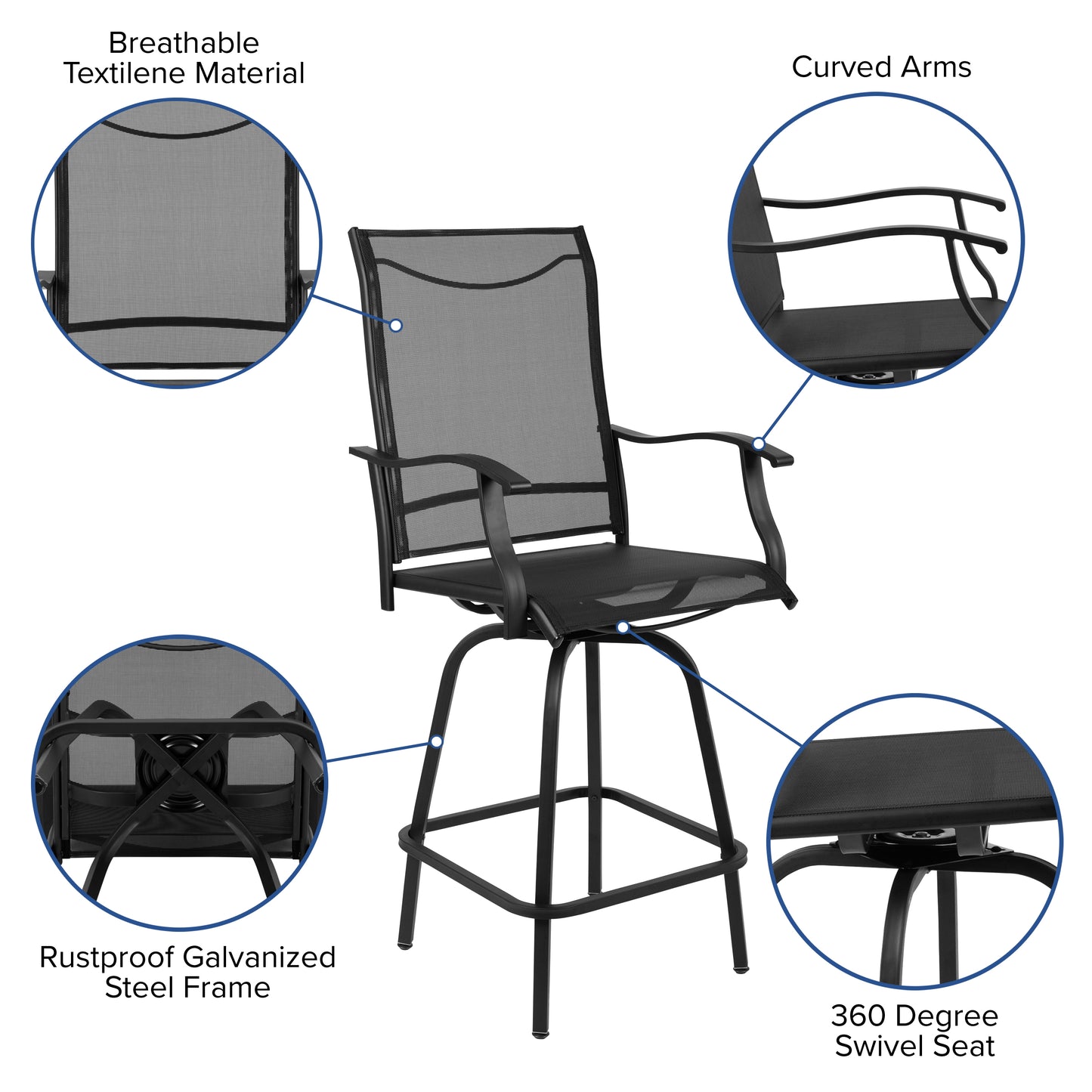 Valerie Patio Bar Height Stools Set of 2, All-Weather Textilene Swivel Patio Stools with High Back & Armrests in Black Black