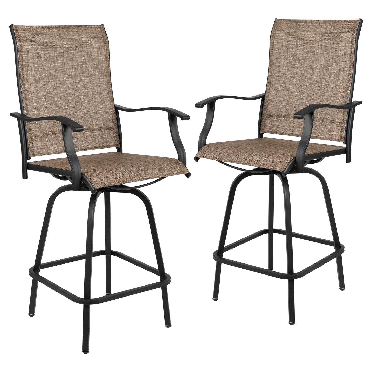 Valerie Patio Bar Height Stools Set of 2, All-Weather Textilene Swivel Patio Stools with High Back & Armrests in Brown Brown