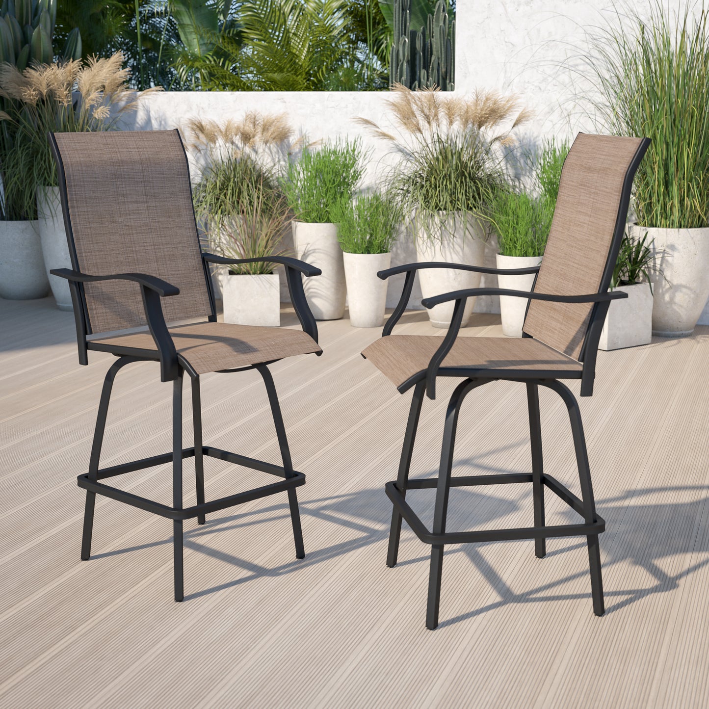 Valerie Patio Bar Height Stools Set of 2, All-Weather Textilene Swivel Patio Stools with High Back & Armrests in Brown Brown