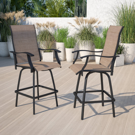 Valerie Patio Bar Height Stools Set of 2, All-Weather Textilene Swivel Patio Stools with High Back & Armrests in Brown Brown 2-ET-SWVLPTO-30-GG