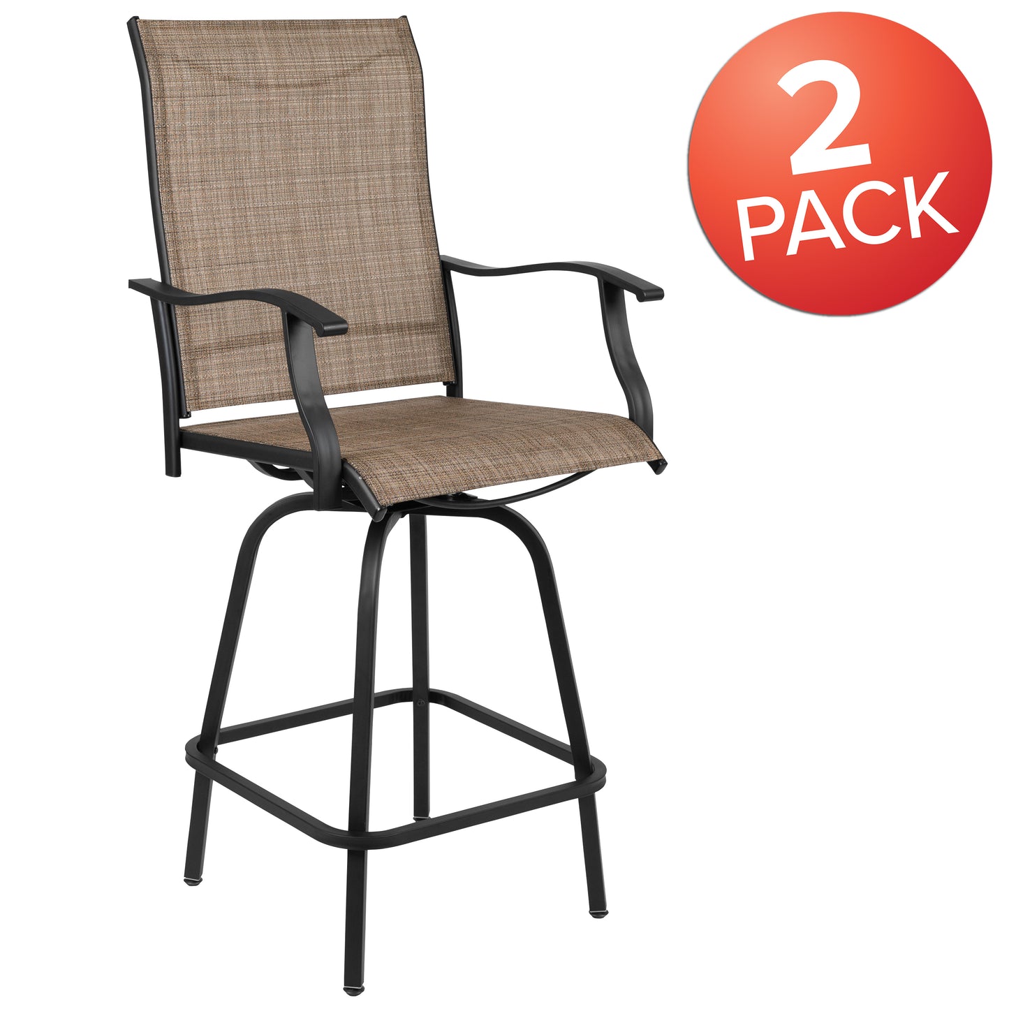 Valerie Patio Bar Height Stools Set of 2, All-Weather Textilene Swivel Patio Stools with High Back & Armrests in Brown Brown