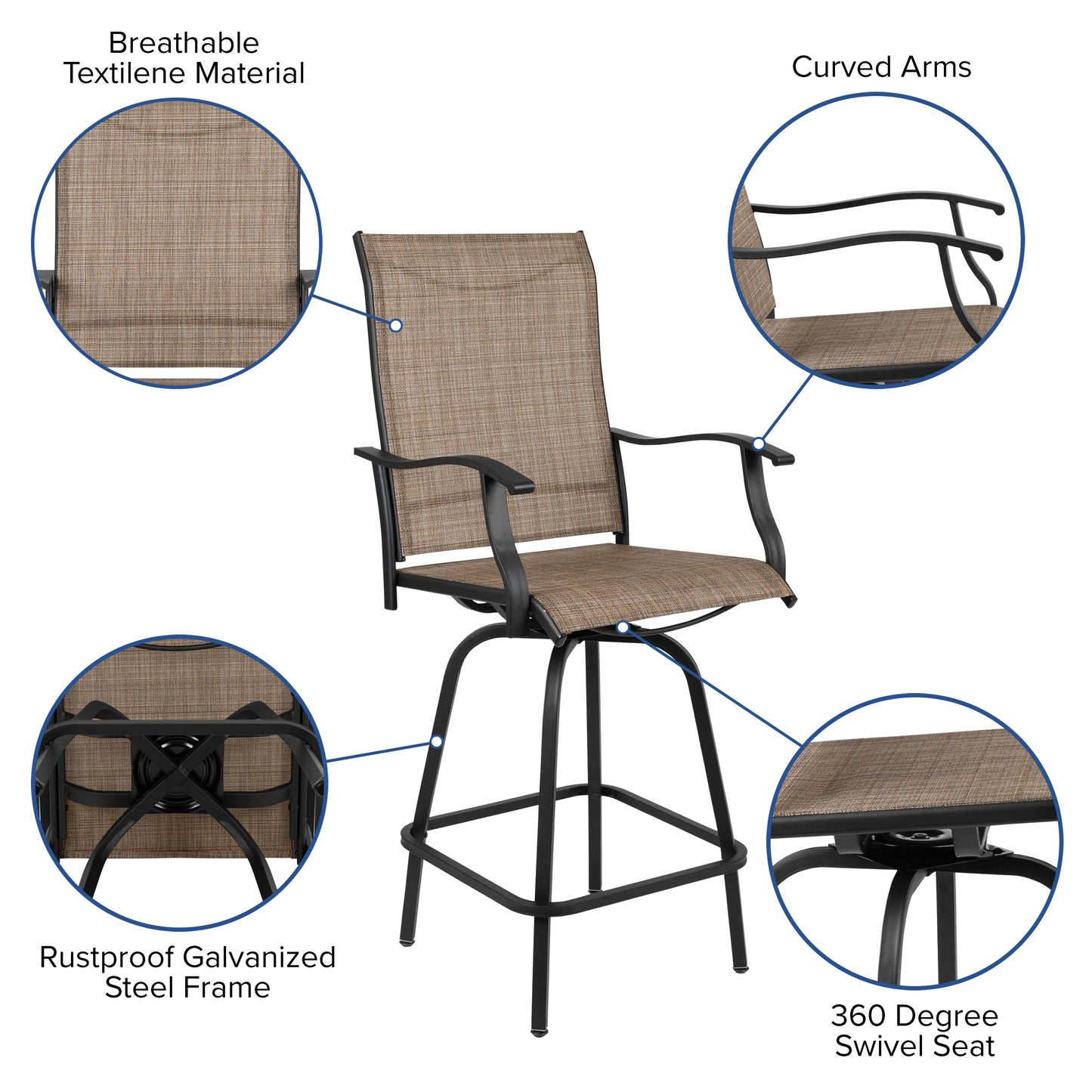 Valerie Patio Bar Height Stools Set of 2, All-Weather Textilene Swivel Patio Stools with High Back & Armrests in Brown Brown
